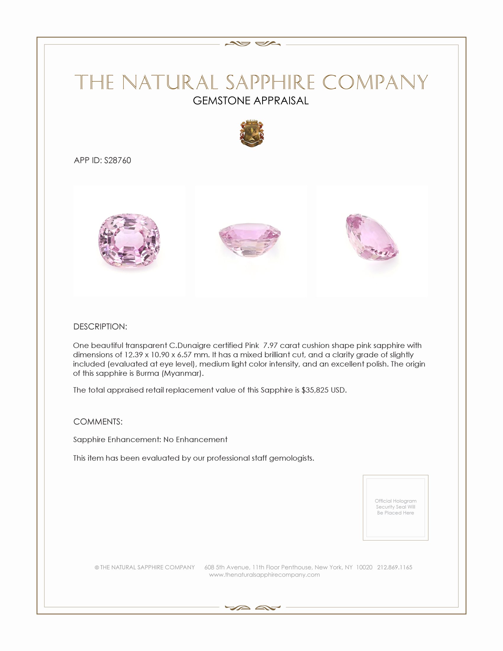 7.97 Ct. Pink Sapphire from Burma (Myanmar)