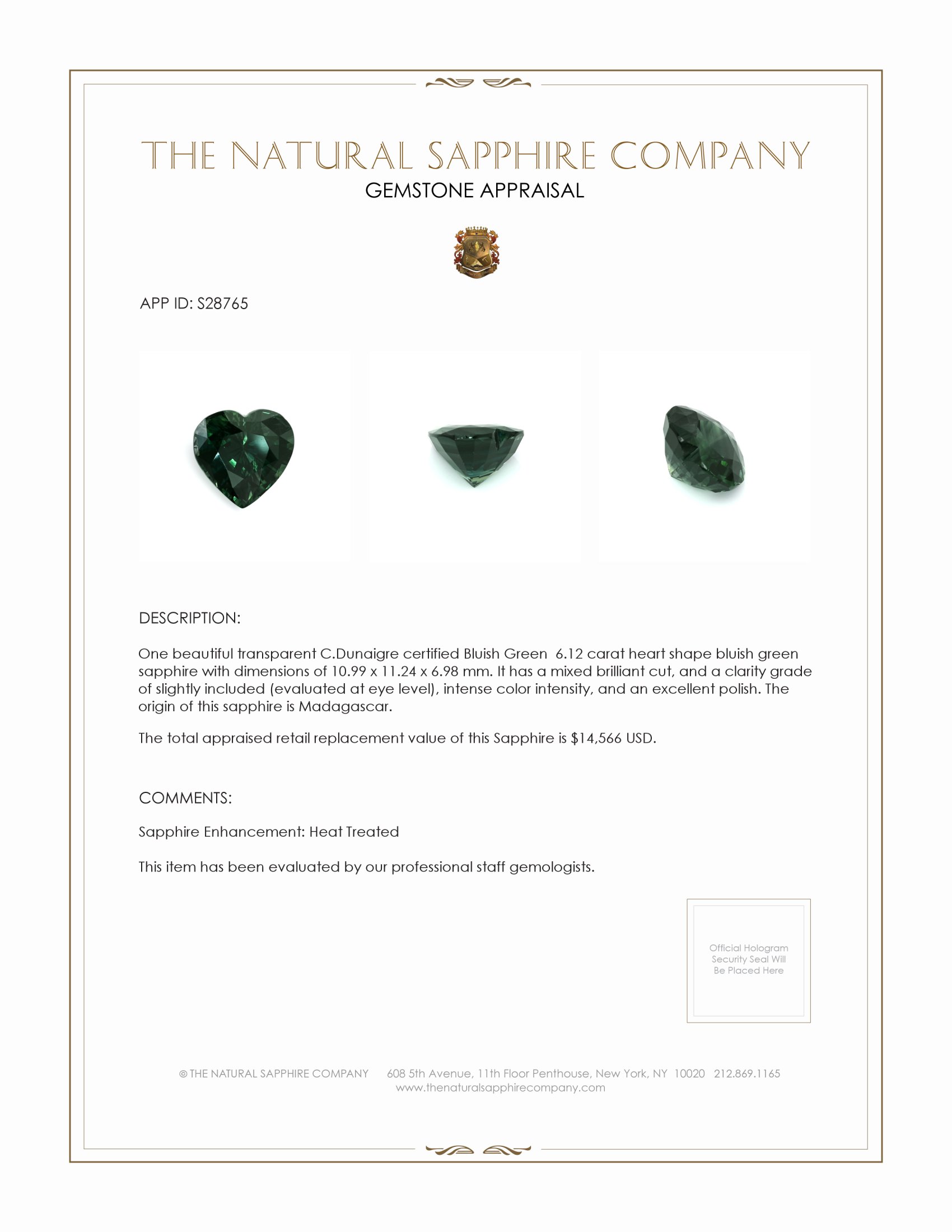 6.12 Ct. Bluish Green Sapphire from Madagascar