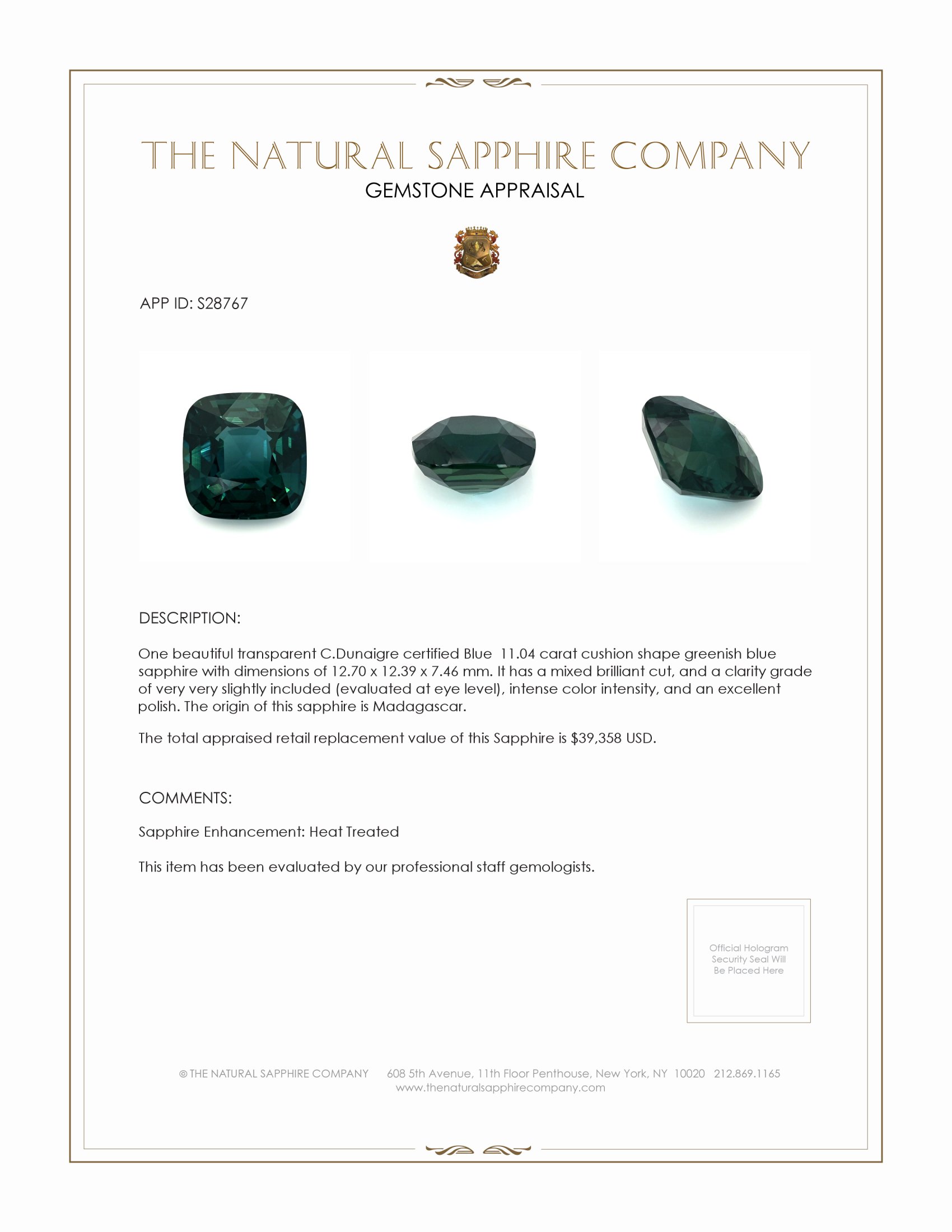 11.04 Ct. Greenish Blue Sapphire from Madagascar