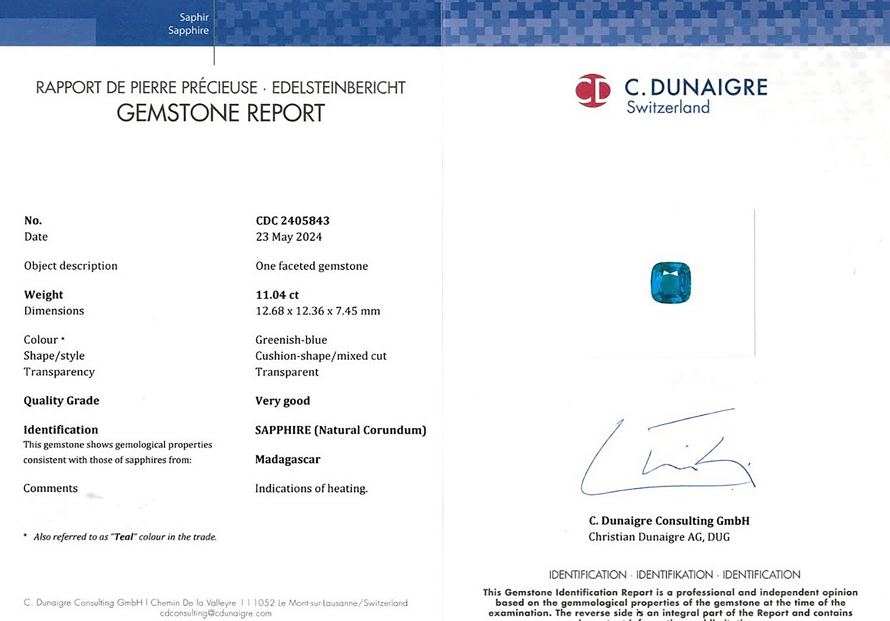 11.04 Ct. Greenish Blue Sapphire from Madagascar