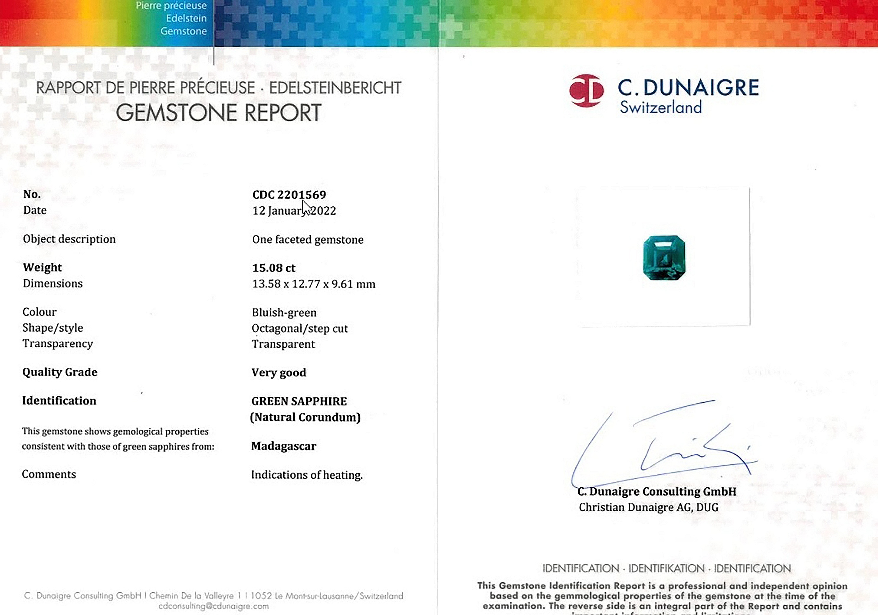 15.09 Ct. Bluish Green Sapphire from Madagascar