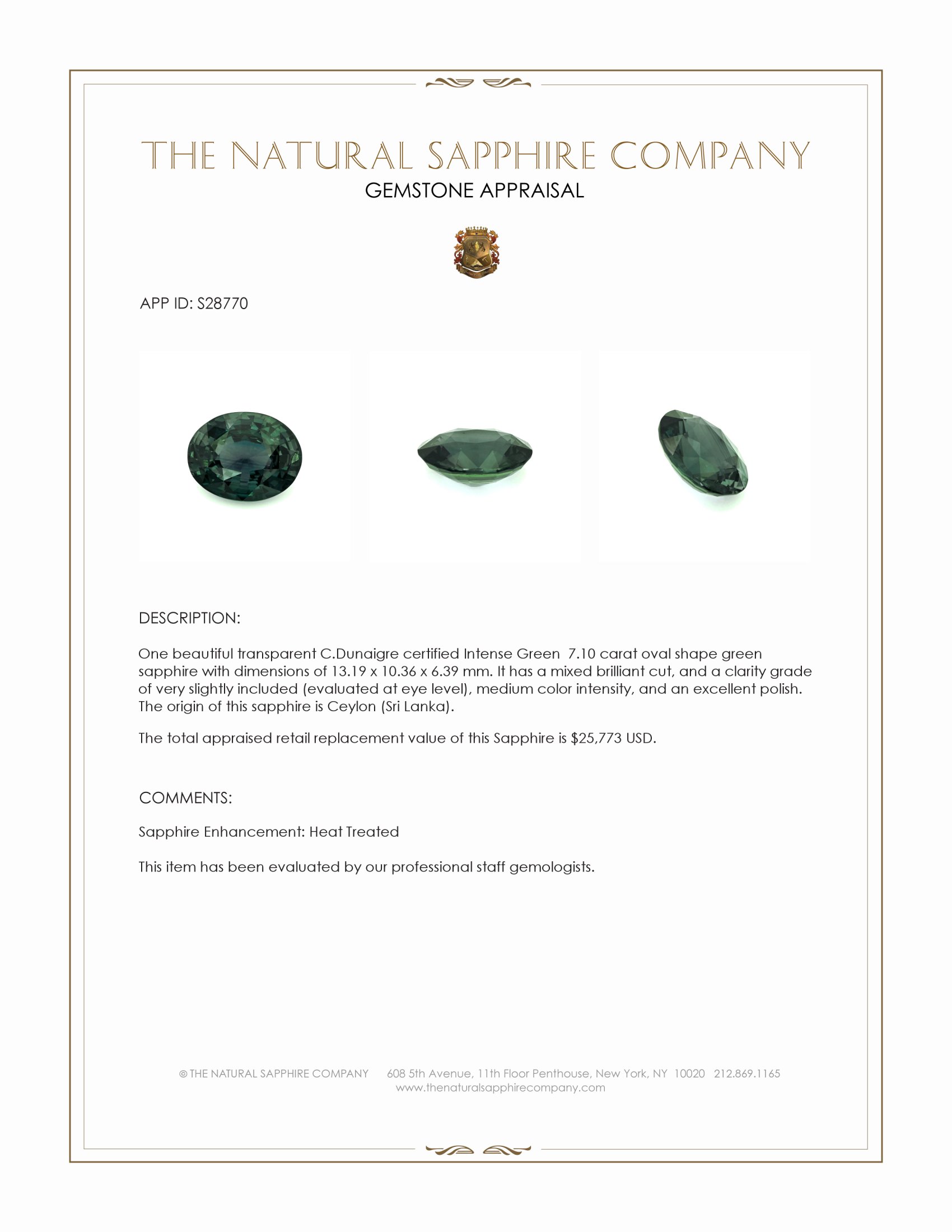 7.10 Ct. Green Sapphire from Ceylon (Sri Lanka)