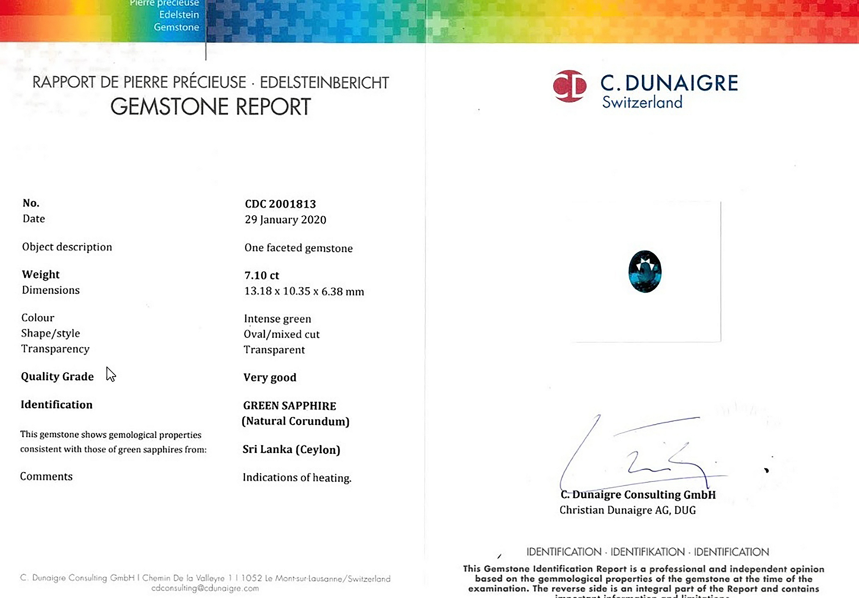 7.10 Ct. Green Sapphire from Ceylon (Sri Lanka)