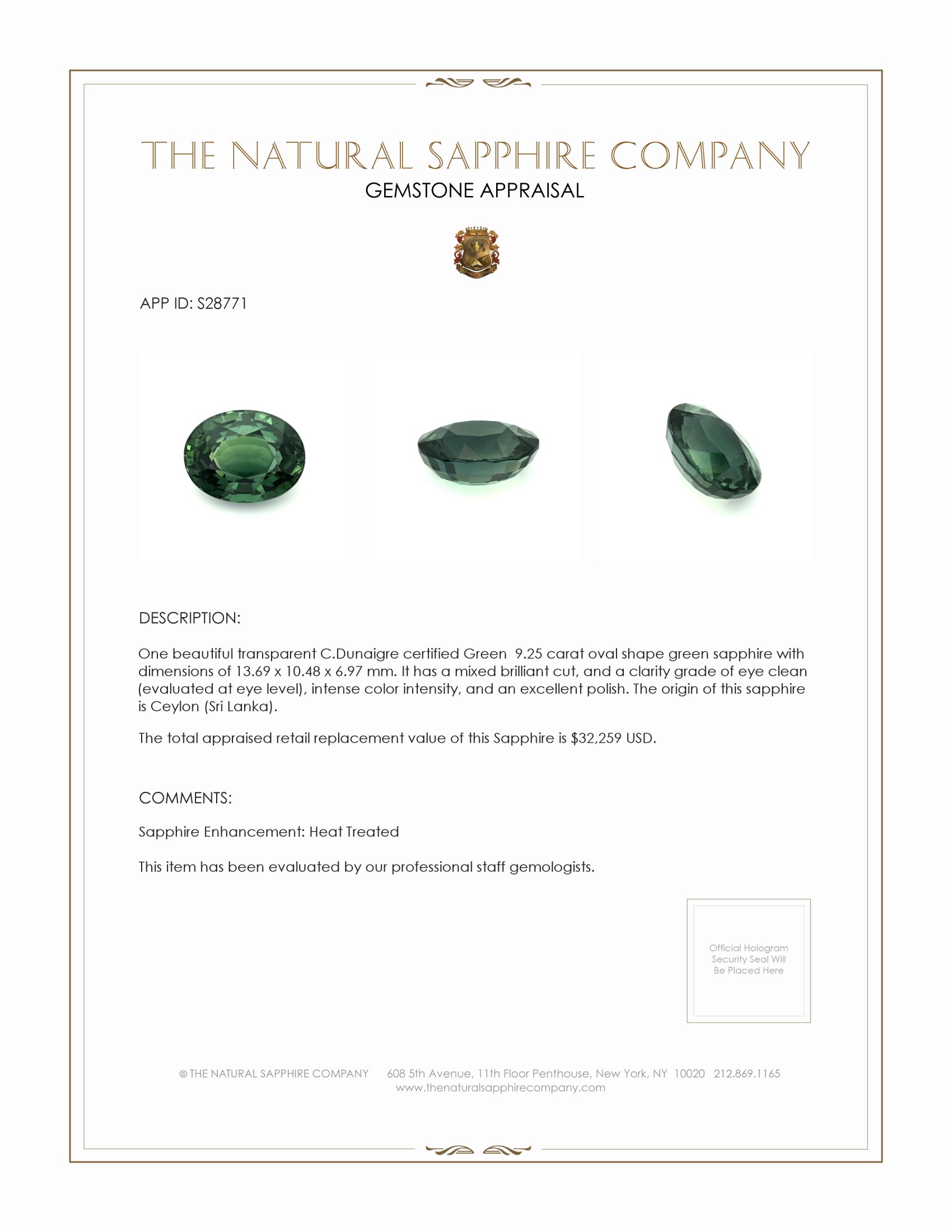9.25 Ct. Green Sapphire from Ceylon (Sri Lanka)