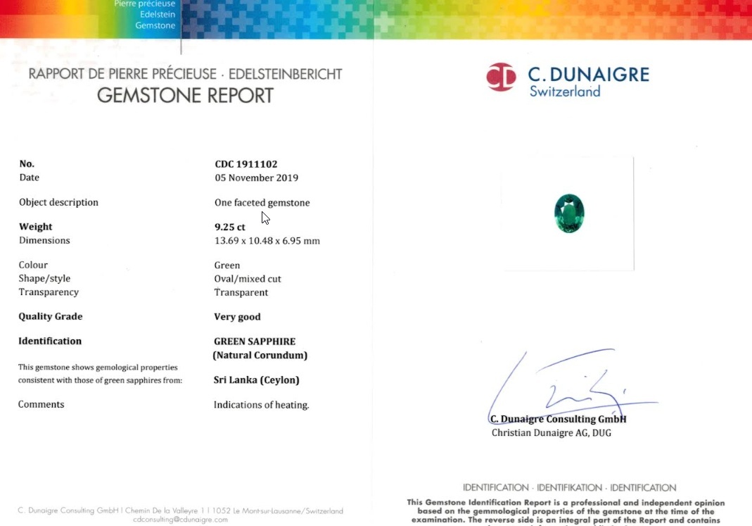 9.25 Ct. Green Sapphire from Ceylon (Sri Lanka)