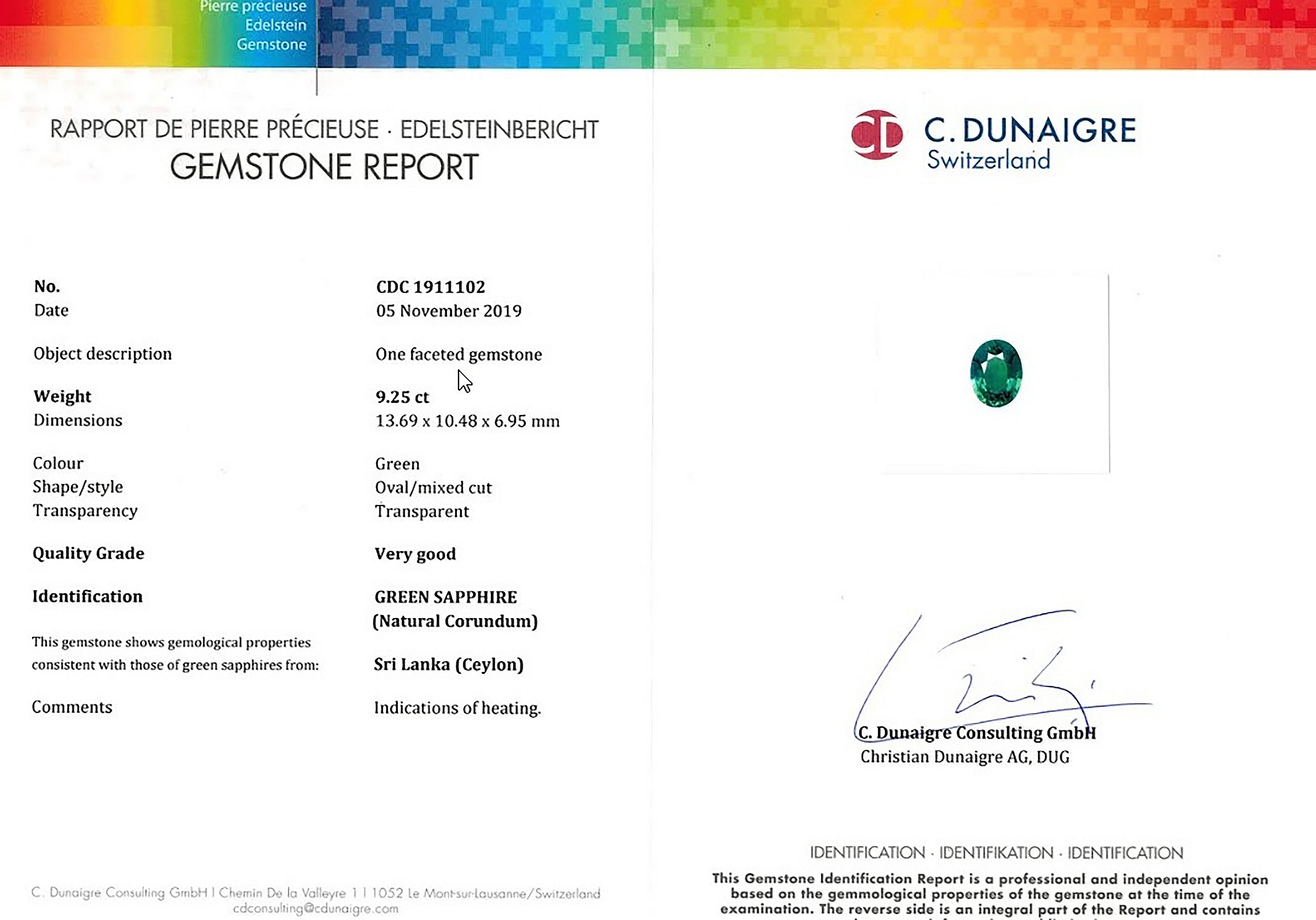 9.25 Ct. Green Sapphire from Ceylon (Sri Lanka)