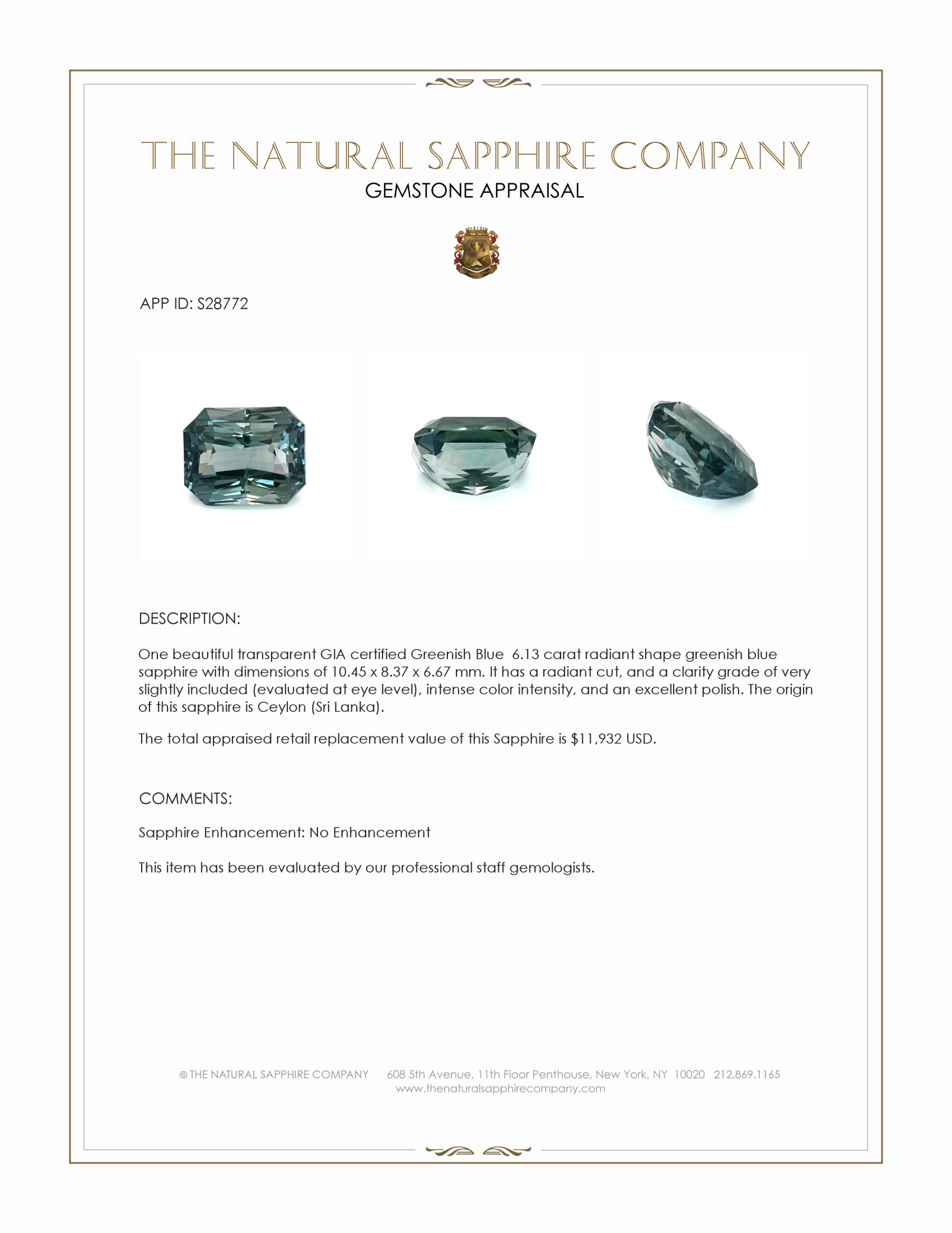 6.13 Ct. Greenish Blue Sapphire from Ceylon (Sri Lanka)