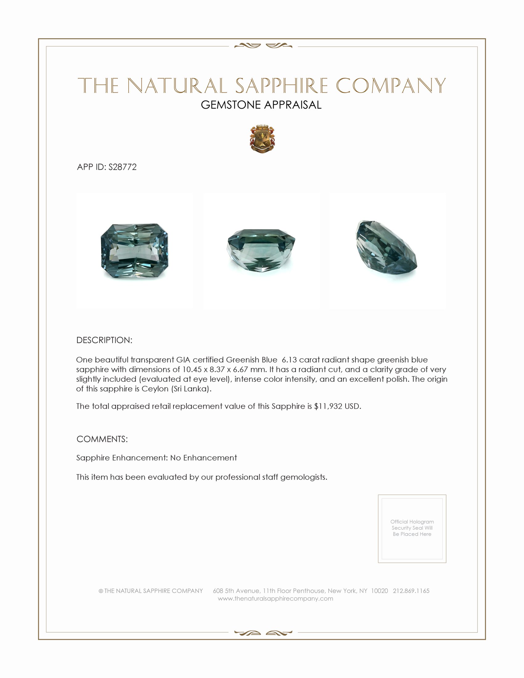 6.13 Ct. Greenish Blue Sapphire from Ceylon (Sri Lanka)