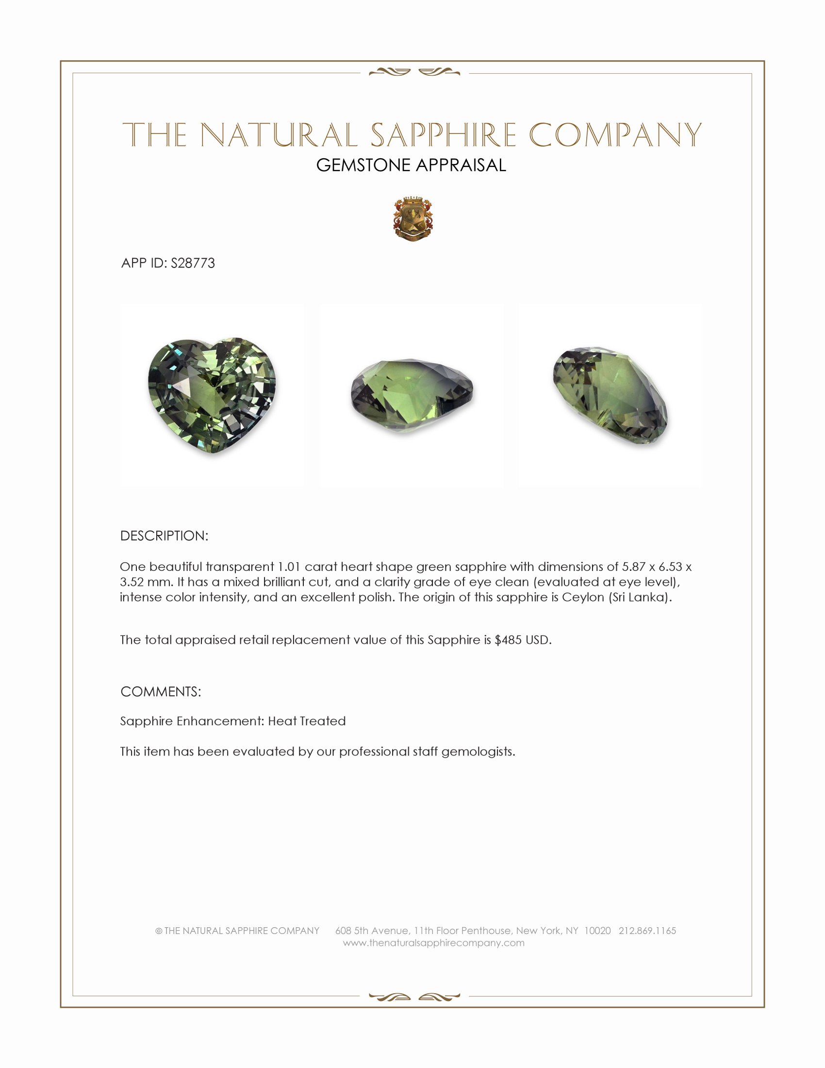 1.01 Ct. Green Sapphire from Ceylon (Sri Lanka)