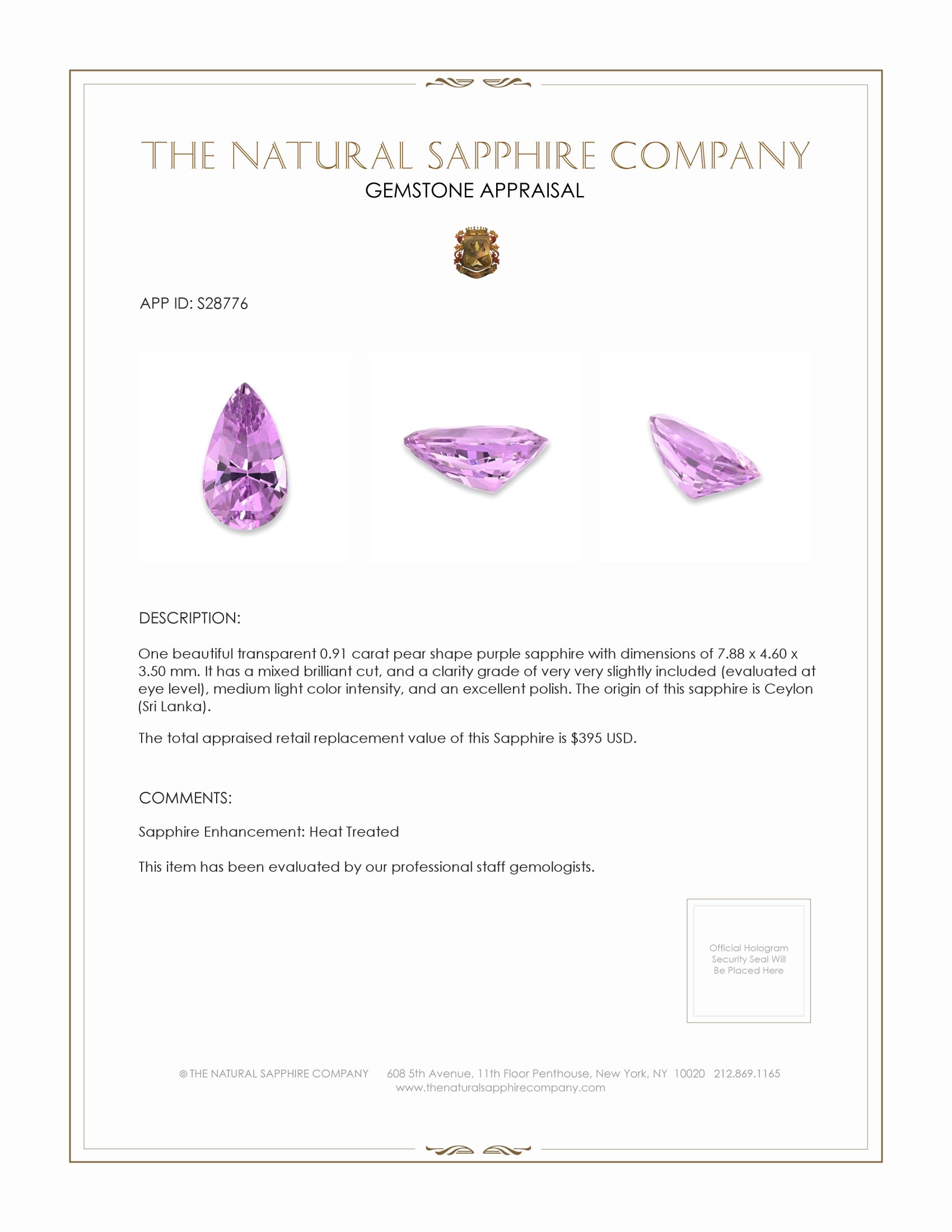 0.91 Ct. Purple Sapphire from Ceylon (Sri Lanka)