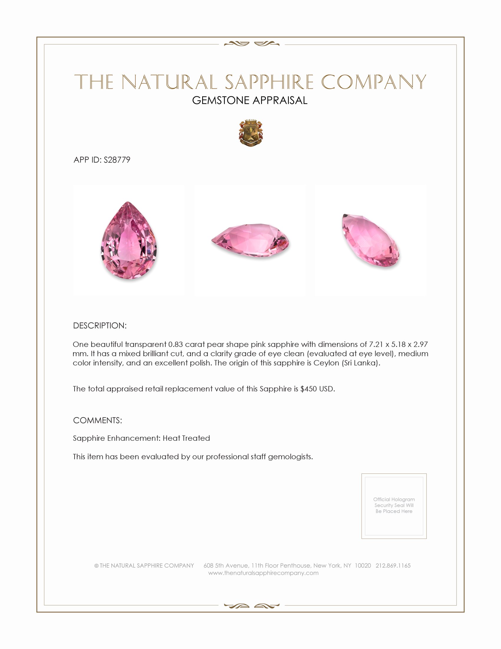 0.83 Ct. Pink Sapphire from Ceylon (Sri Lanka)