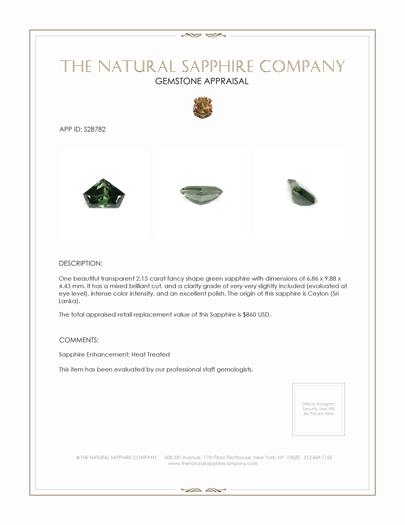 2.15 Ct. Green Sapphire from Ceylon (Sri Lanka)