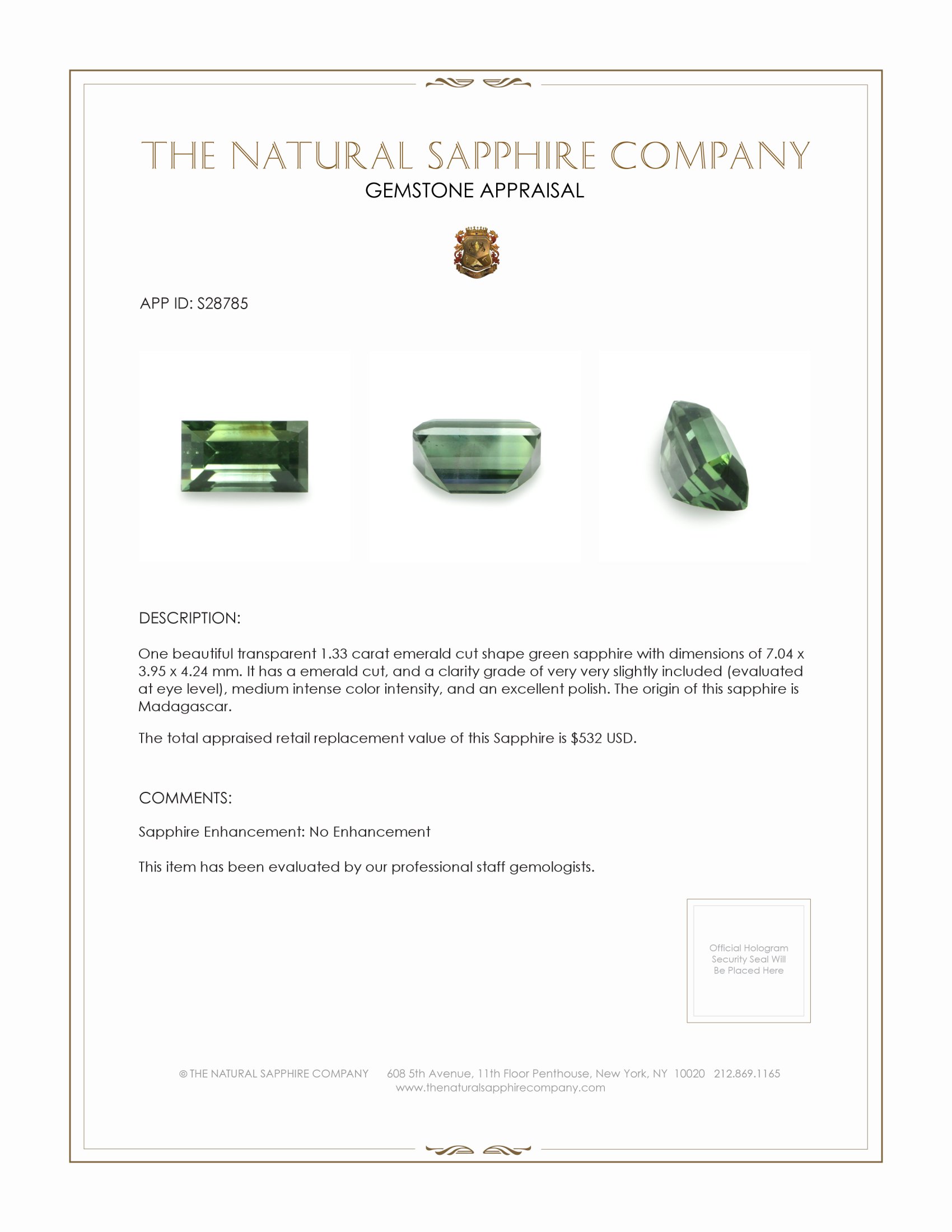 1.33 Ct. Green Sapphire from Madagascar