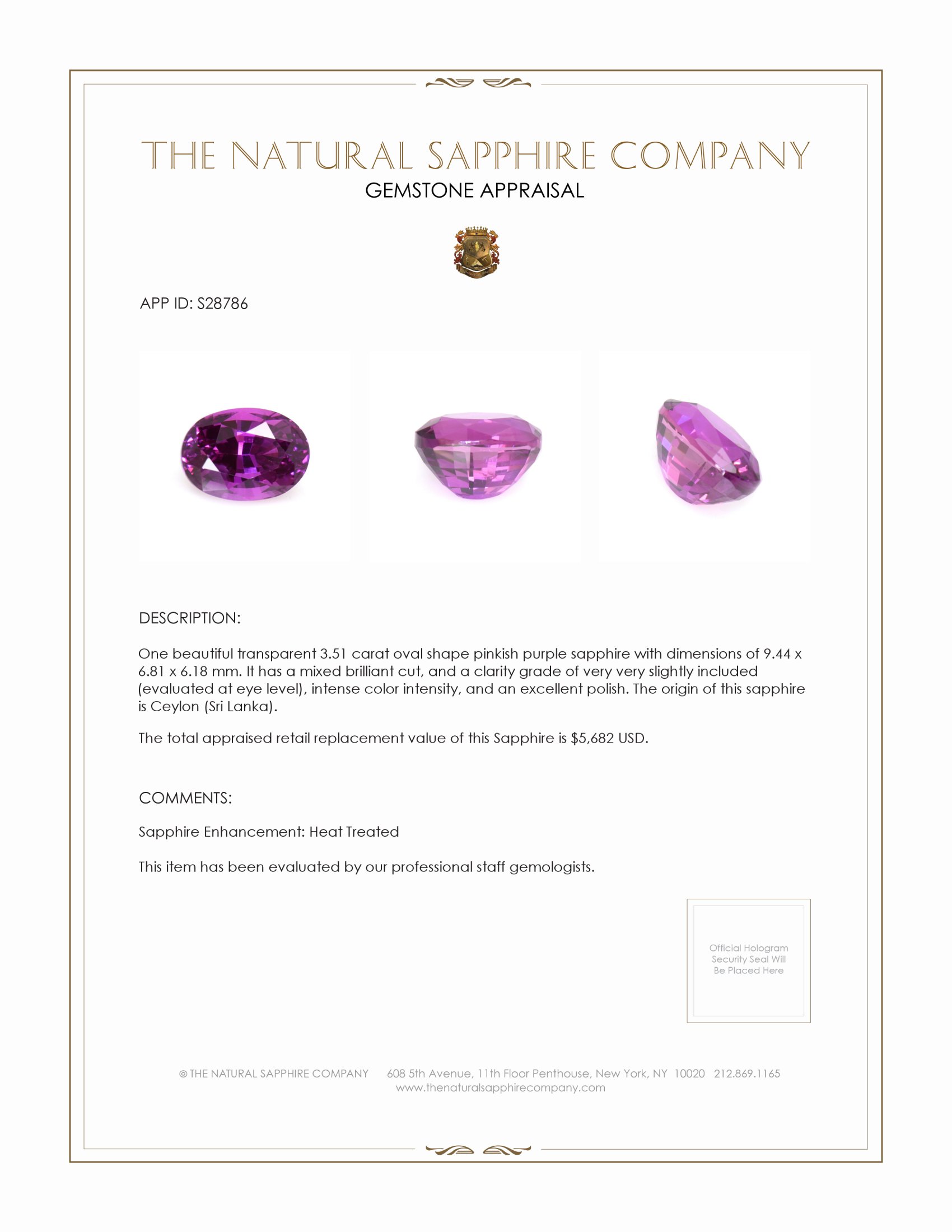 3.51 Ct. Pinkish Purple Sapphire from Ceylon (Sri Lanka)