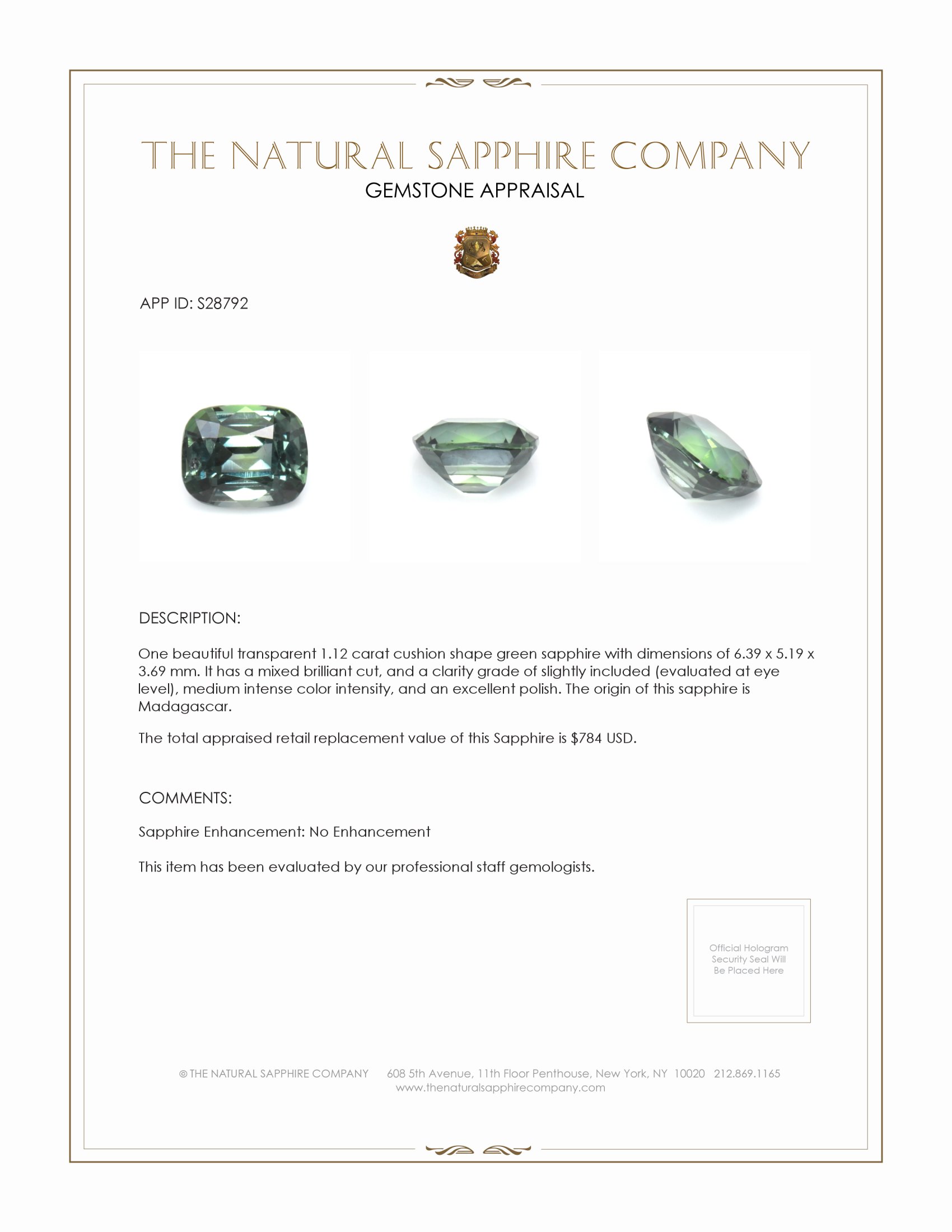 1.12 Ct. Green Sapphire from Madagascar