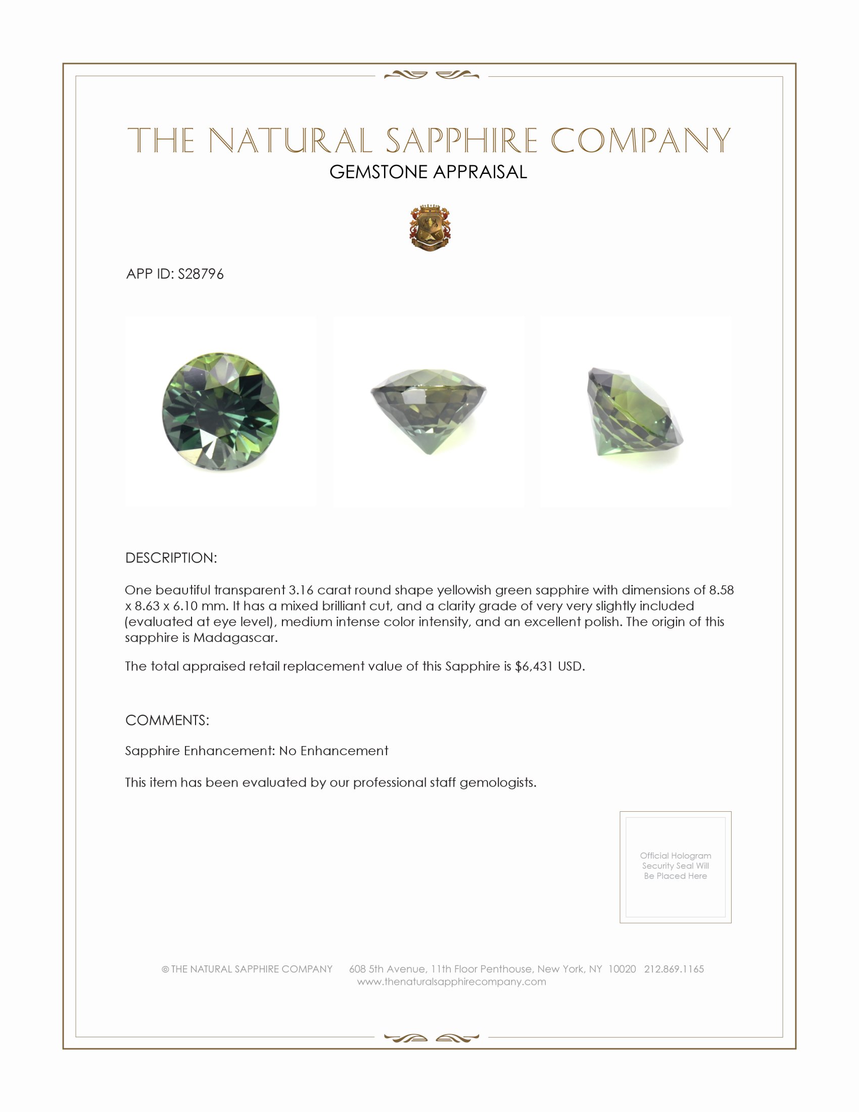 3.16 Ct. Yellowish Green Sapphire from Madagascar