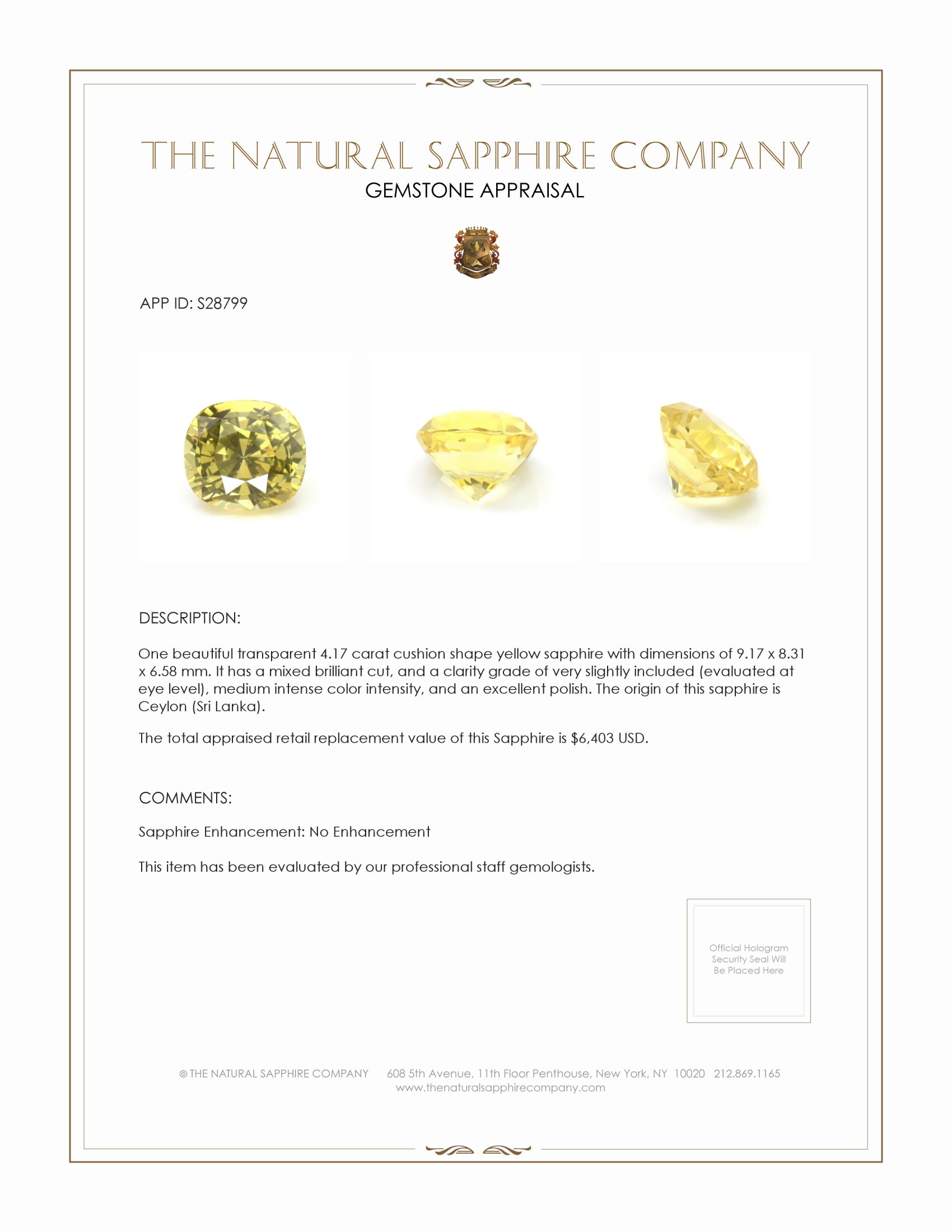 4.17 Ct. Yellow Sapphire from Ceylon (Sri Lanka)