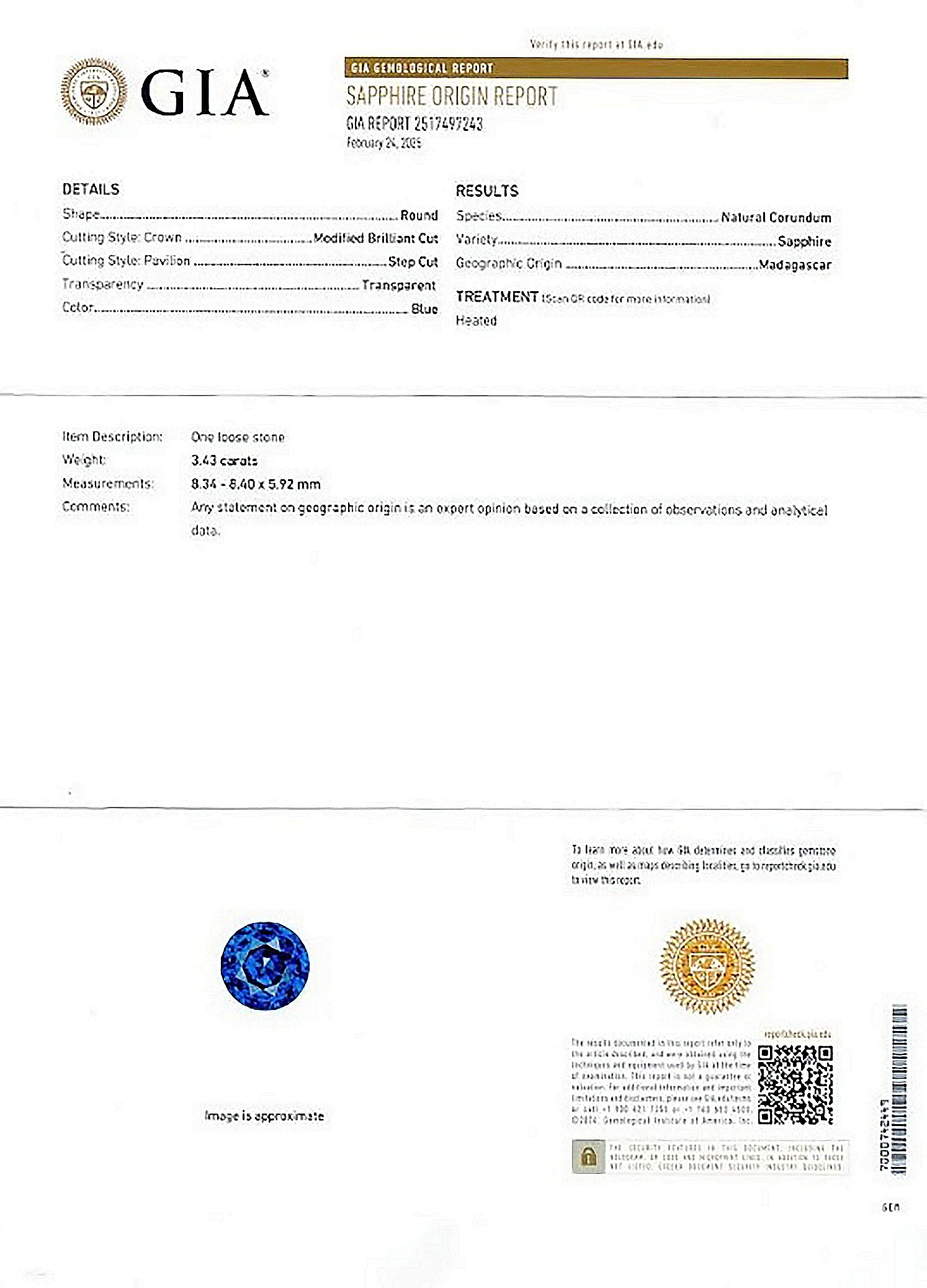 3.43 Ct. Blue Sapphire from Madagascar