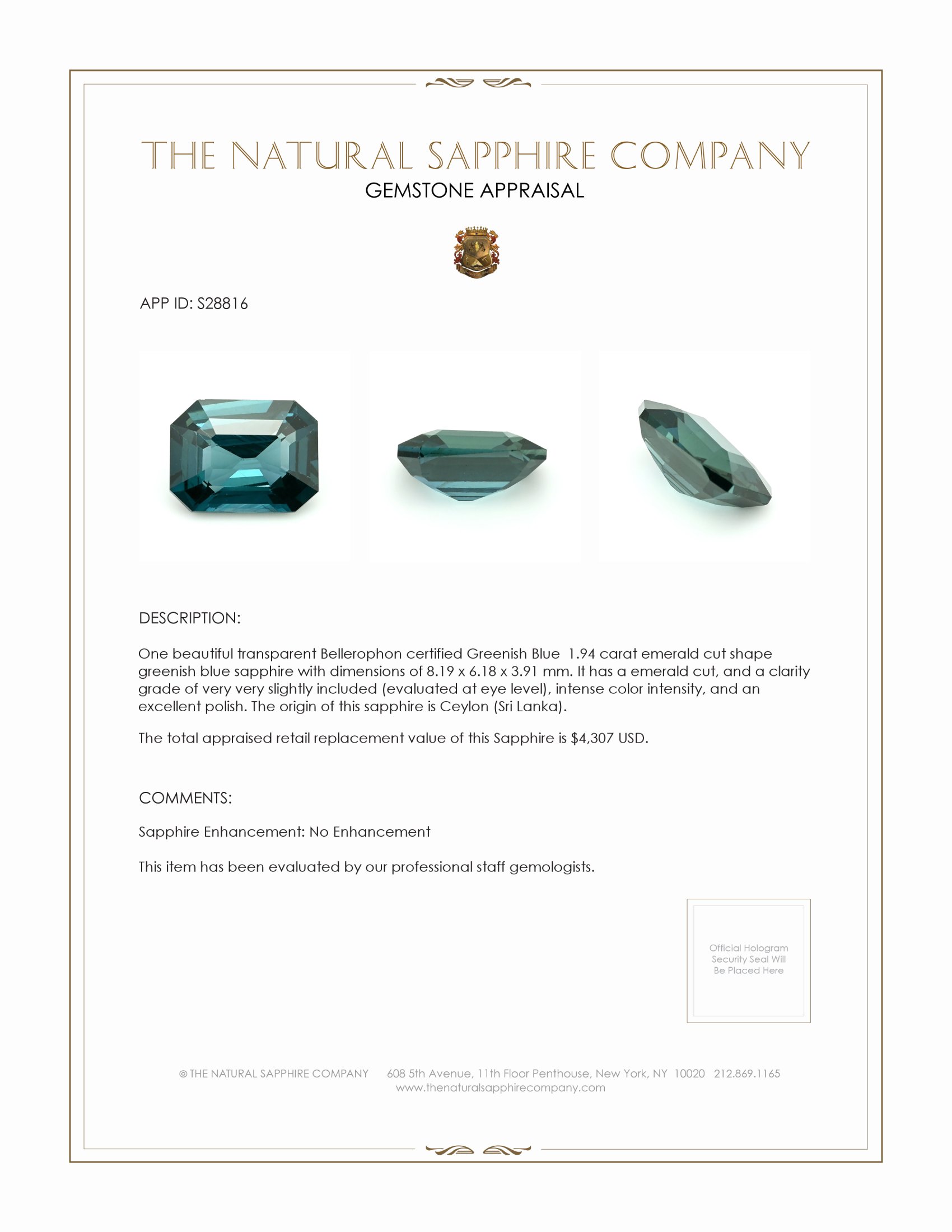 1.94 Ct. Greenish Blue Sapphire from Ceylon (Sri Lanka)