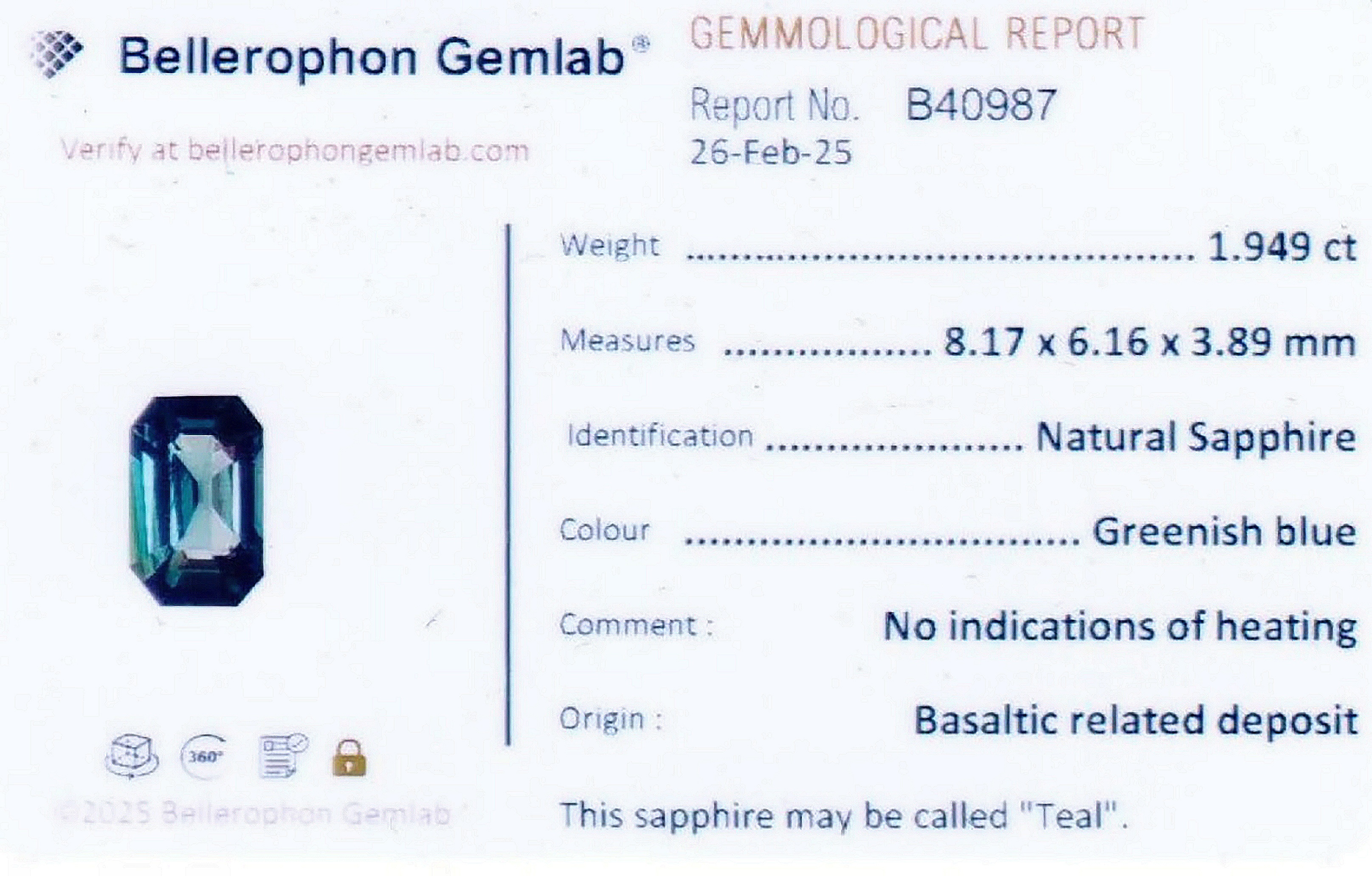 1.94 Ct. Greenish Blue Sapphire from Ceylon (Sri Lanka)