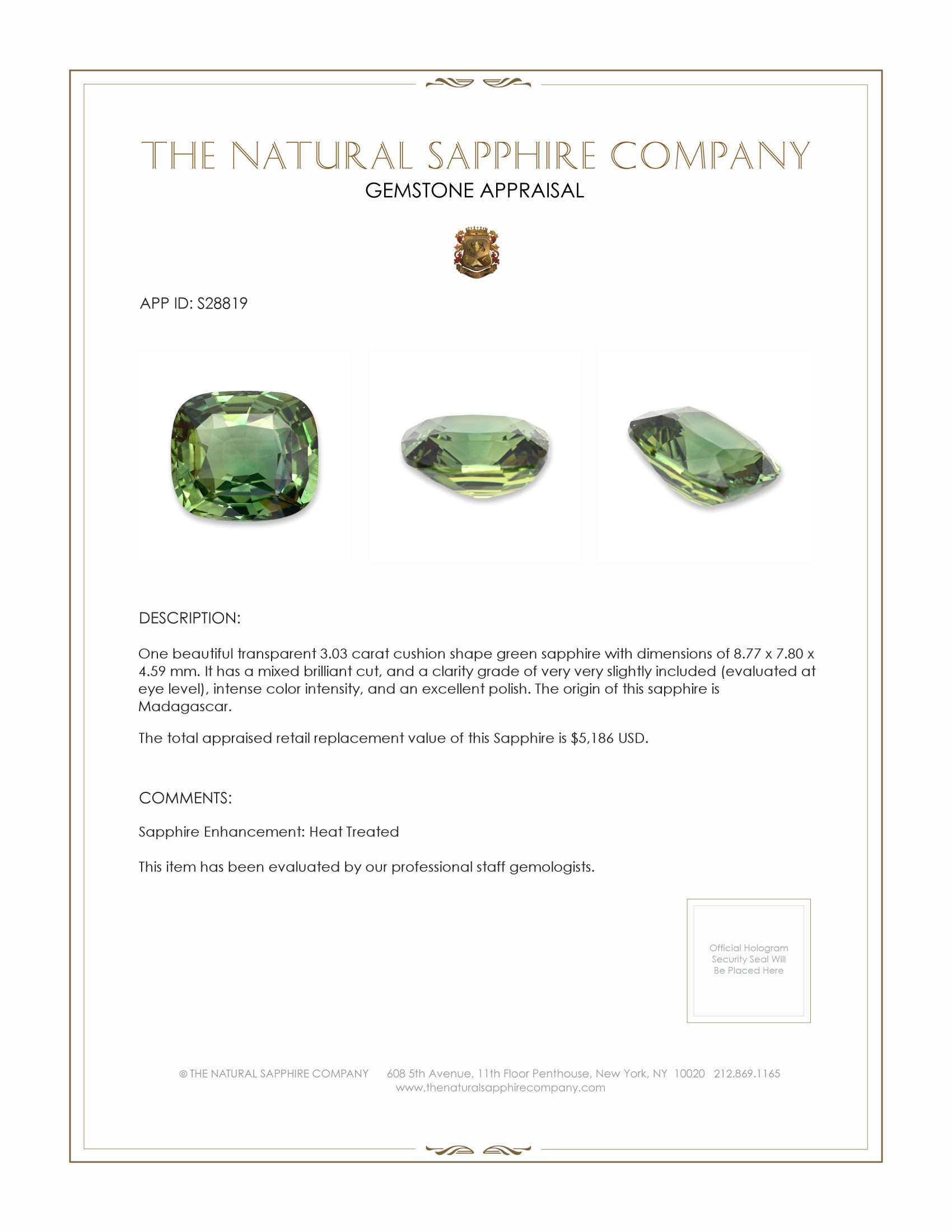3.03 Ct. Green Sapphire from Madagascar