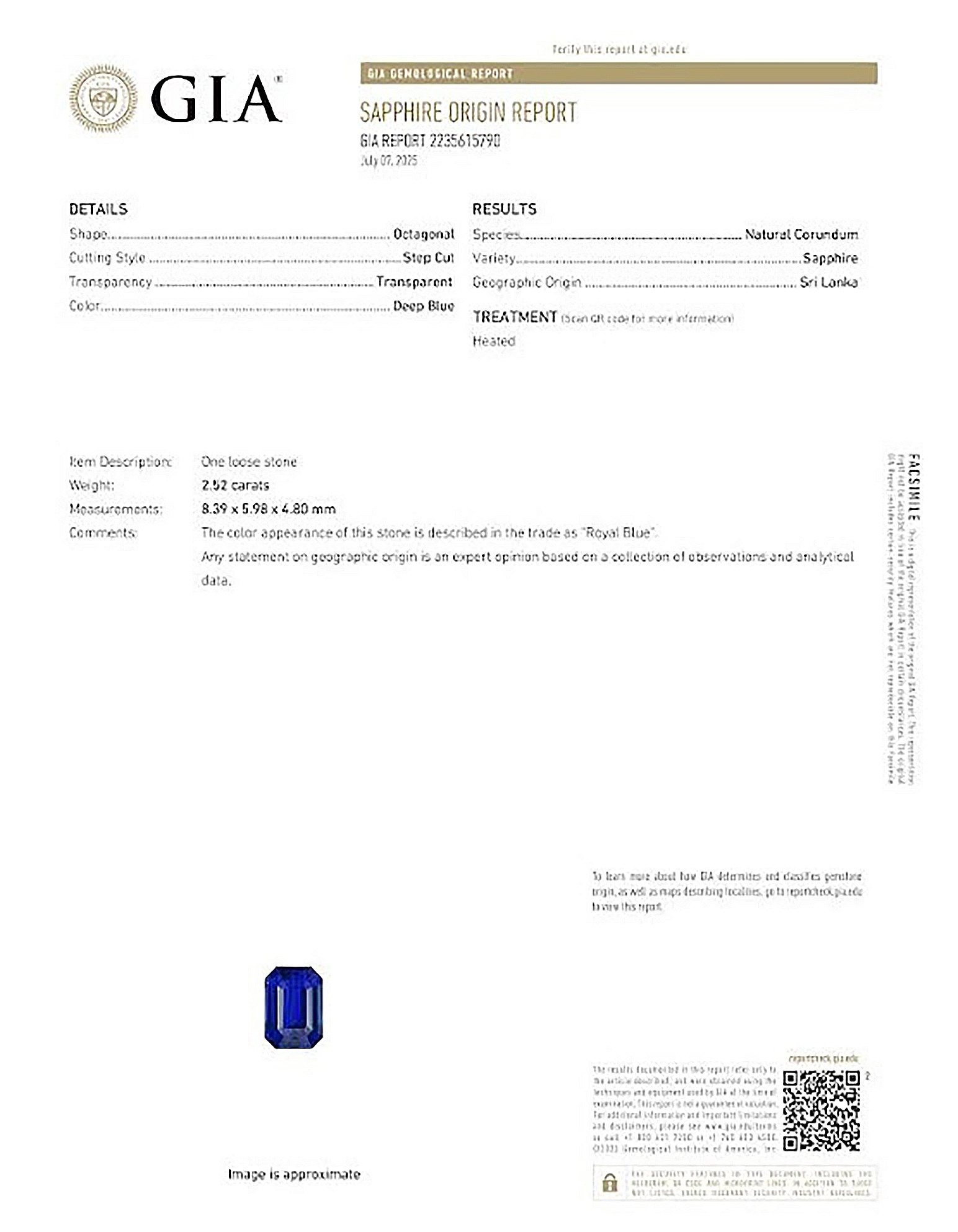 2.52 Ct. Blue Sapphire from Ceylon (Sri Lanka)