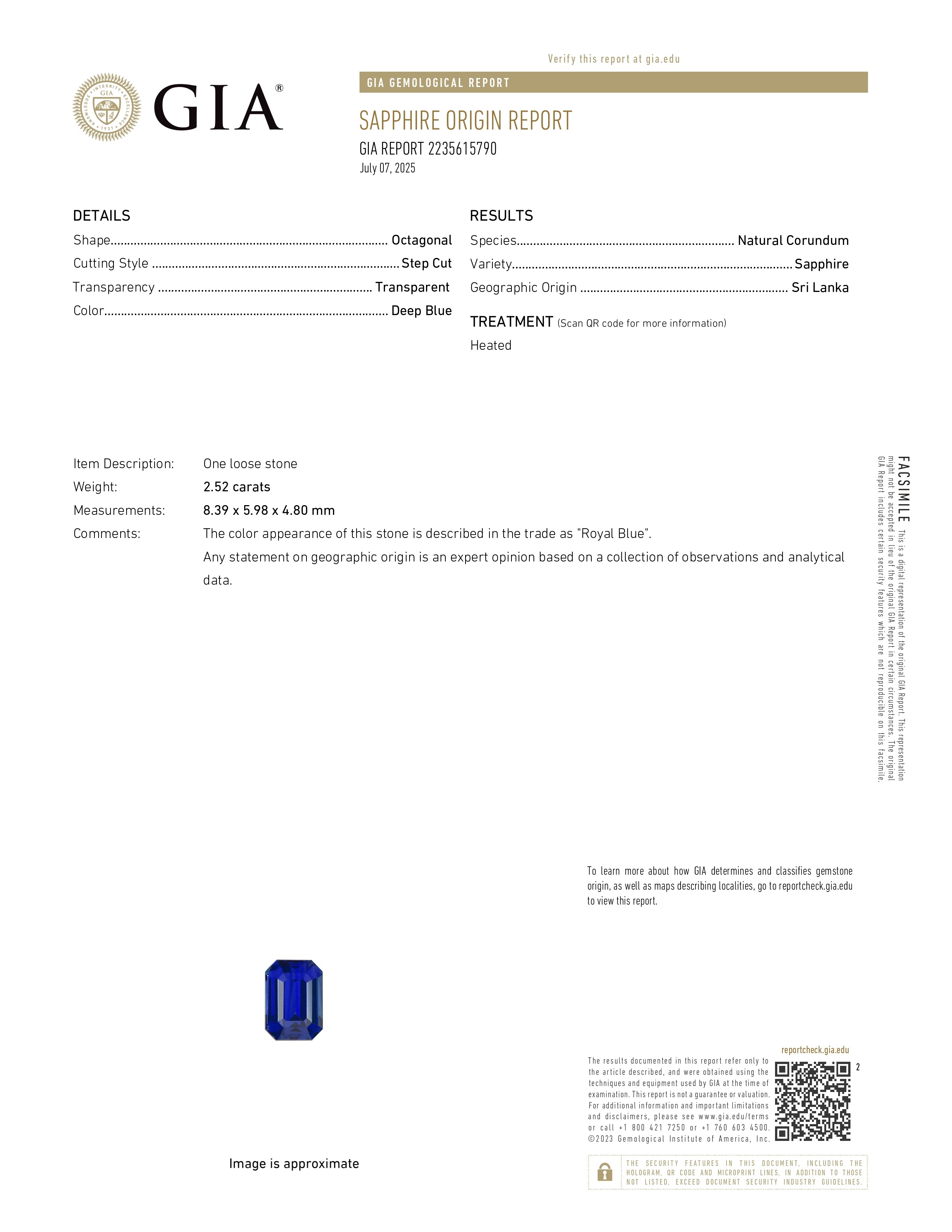 2.52 Ct. Blue Sapphire from Ceylon (Sri Lanka)