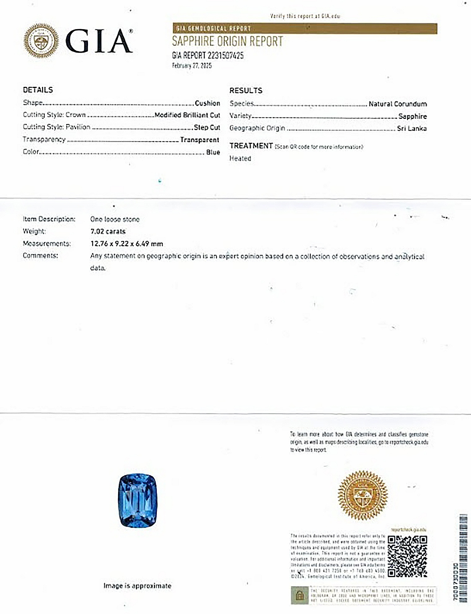 7.02 Ct. Blue Sapphire from Ceylon (Sri Lanka)