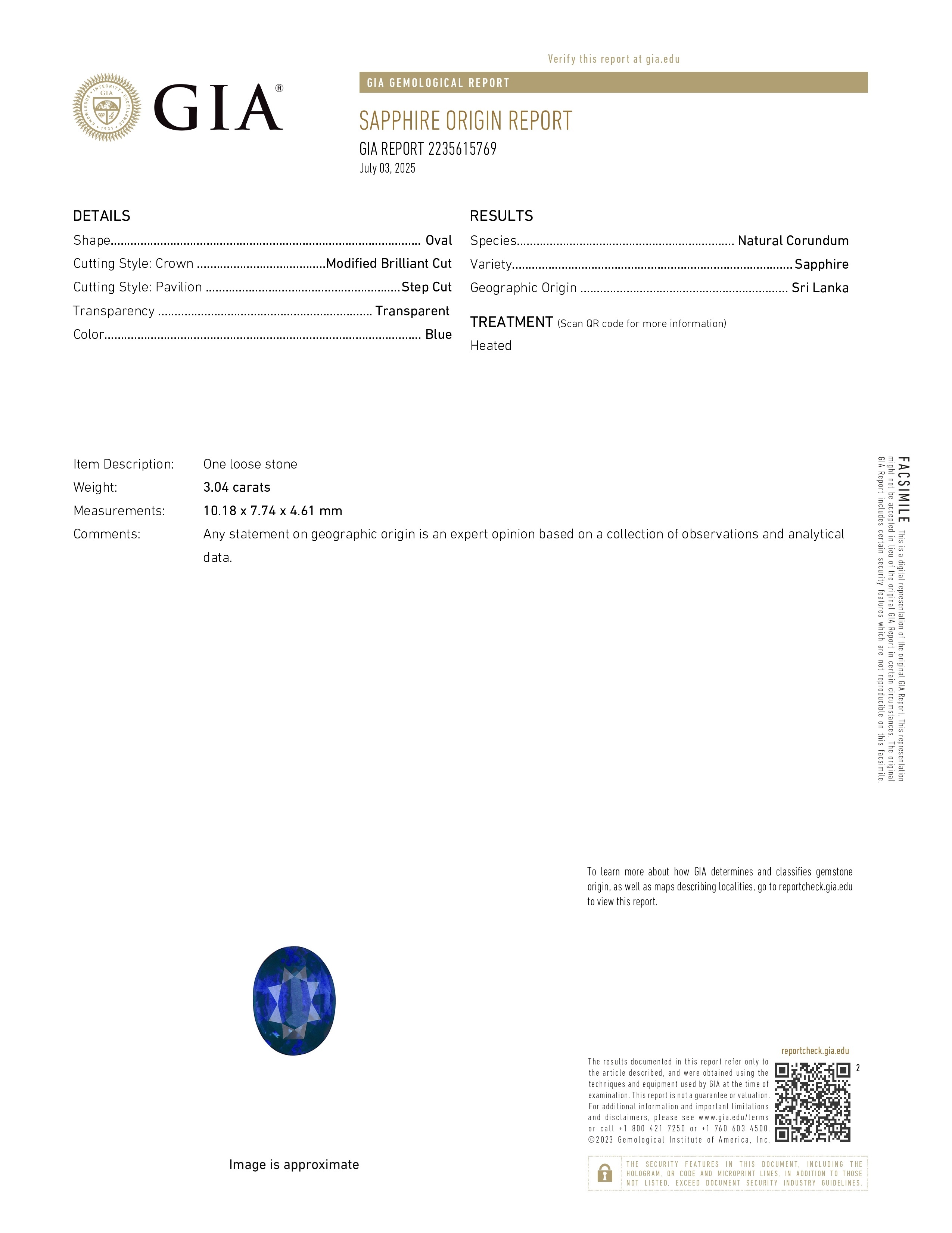 3.04 Ct. Blue Sapphire from Ceylon (Sri Lanka)