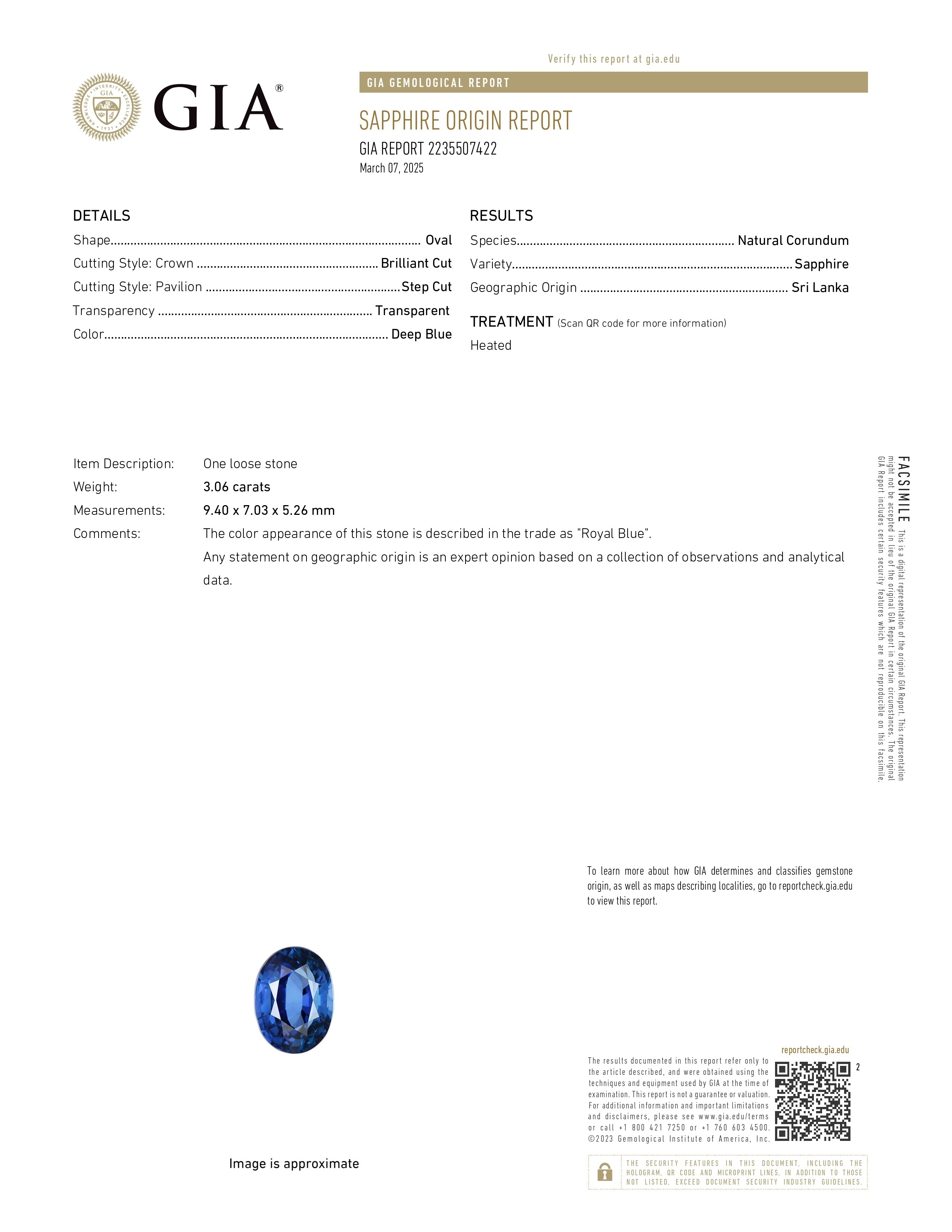 3.06 Ct. Blue Sapphire from Ceylon (Sri Lanka)