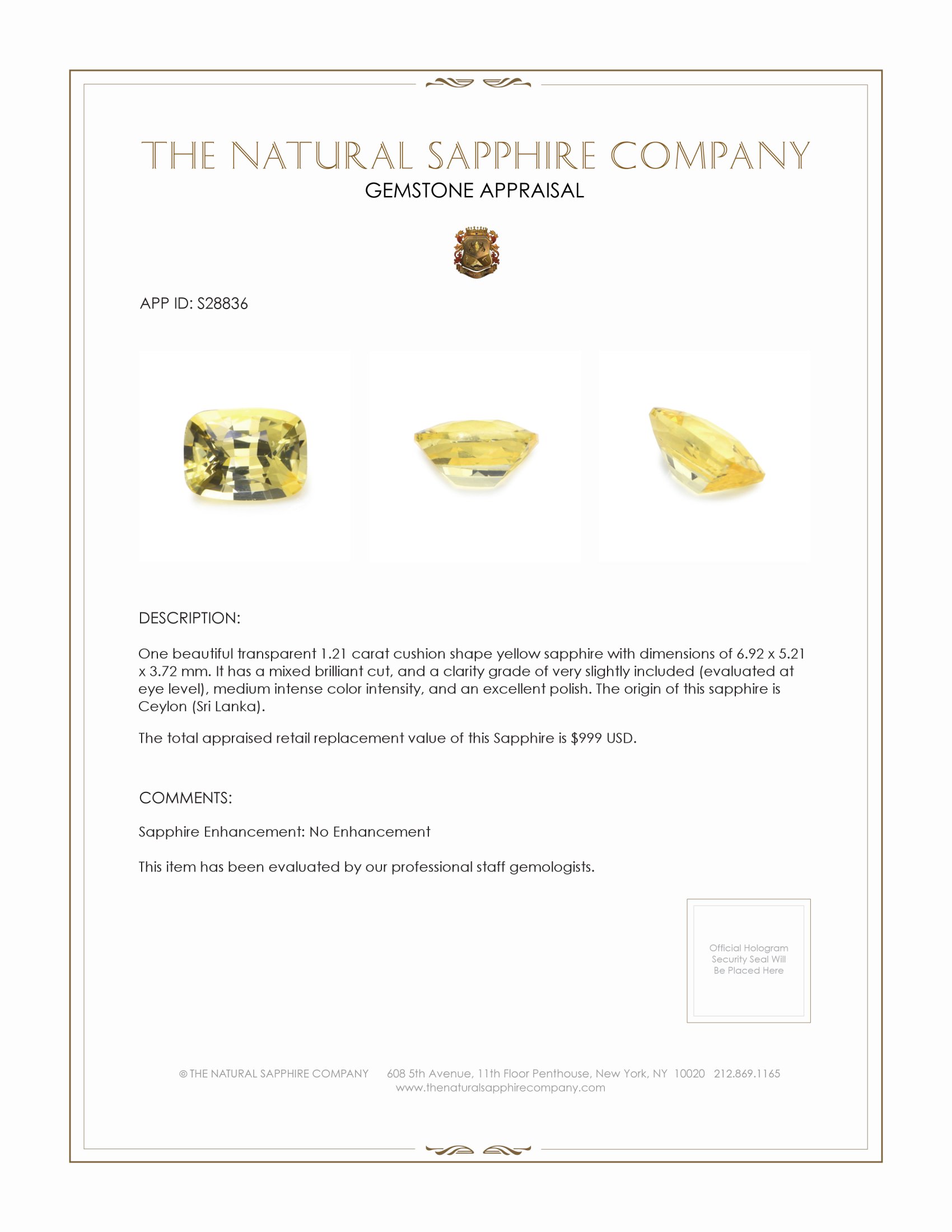 1.21 Ct. Yellow Sapphire from Ceylon (Sri Lanka)