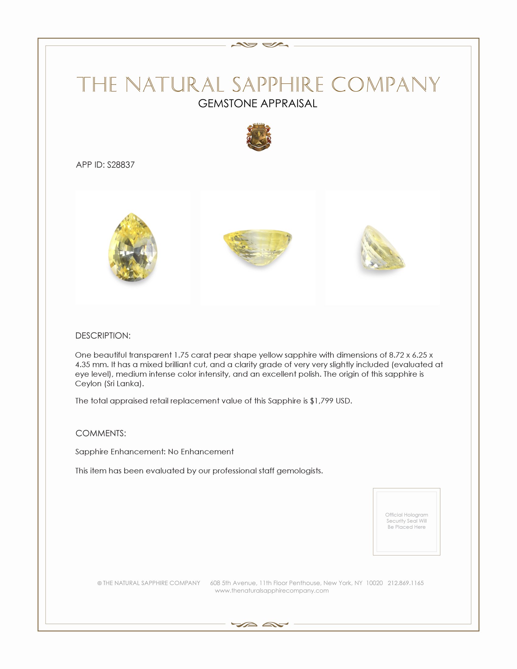 1.75 Ct. Yellow Sapphire from Ceylon (Sri Lanka)