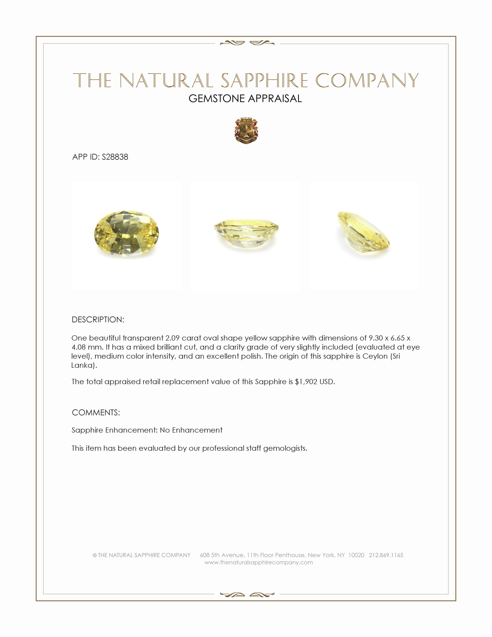 2.09 Ct. Yellow Sapphire from Ceylon (Sri Lanka)