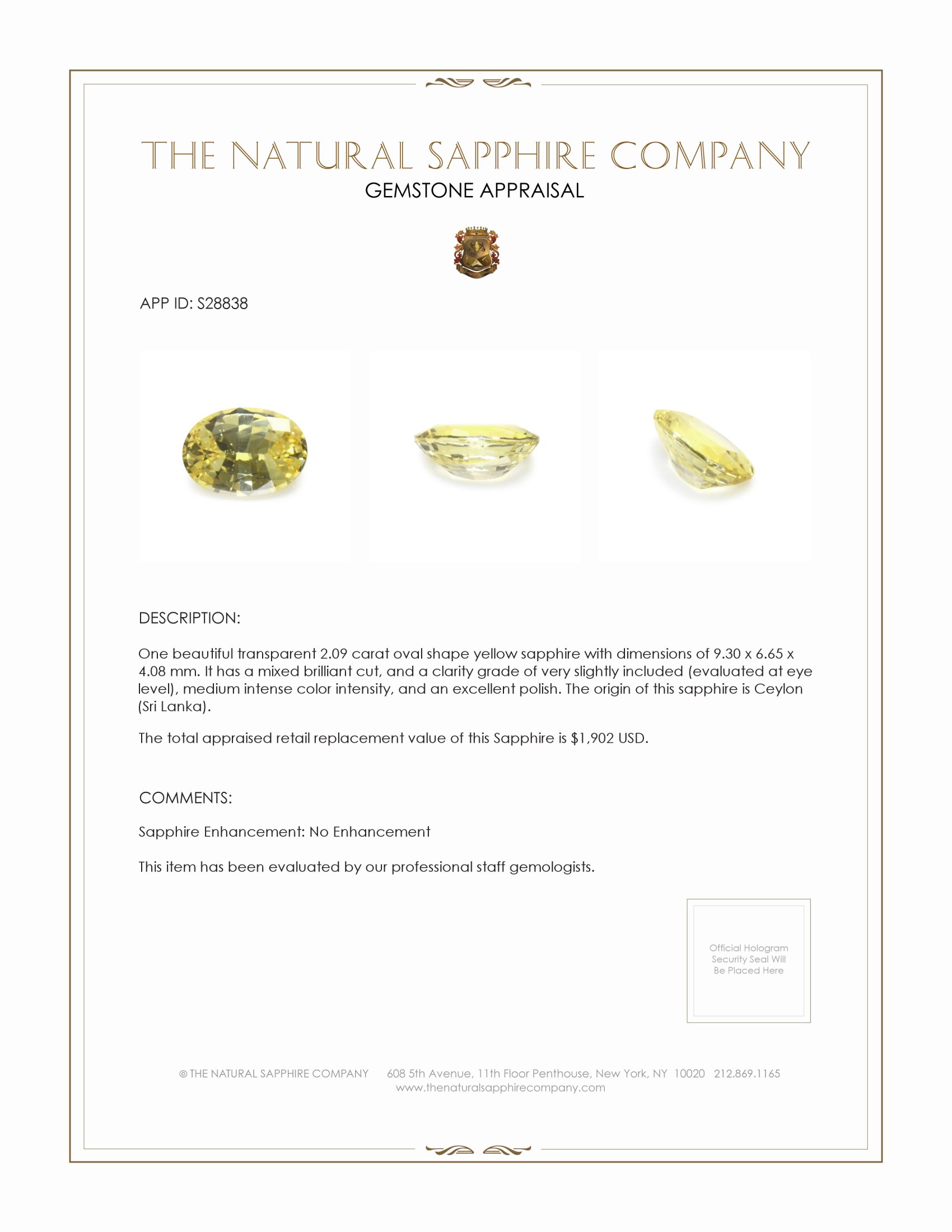 2.09 Ct. Yellow Sapphire from Ceylon (Sri Lanka)