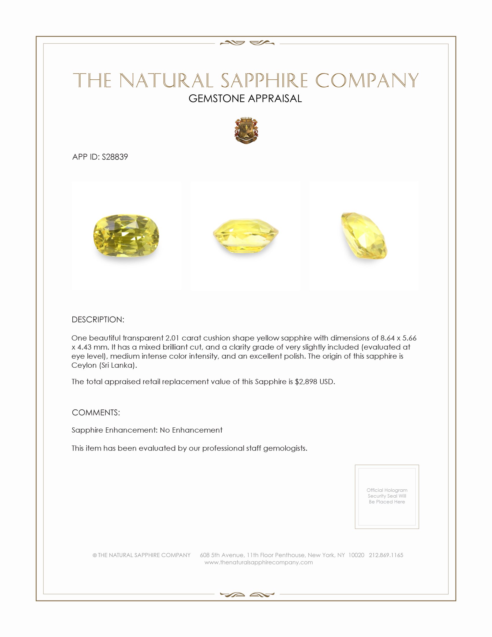 2.01 Ct. Yellow Sapphire from Ceylon (Sri Lanka)