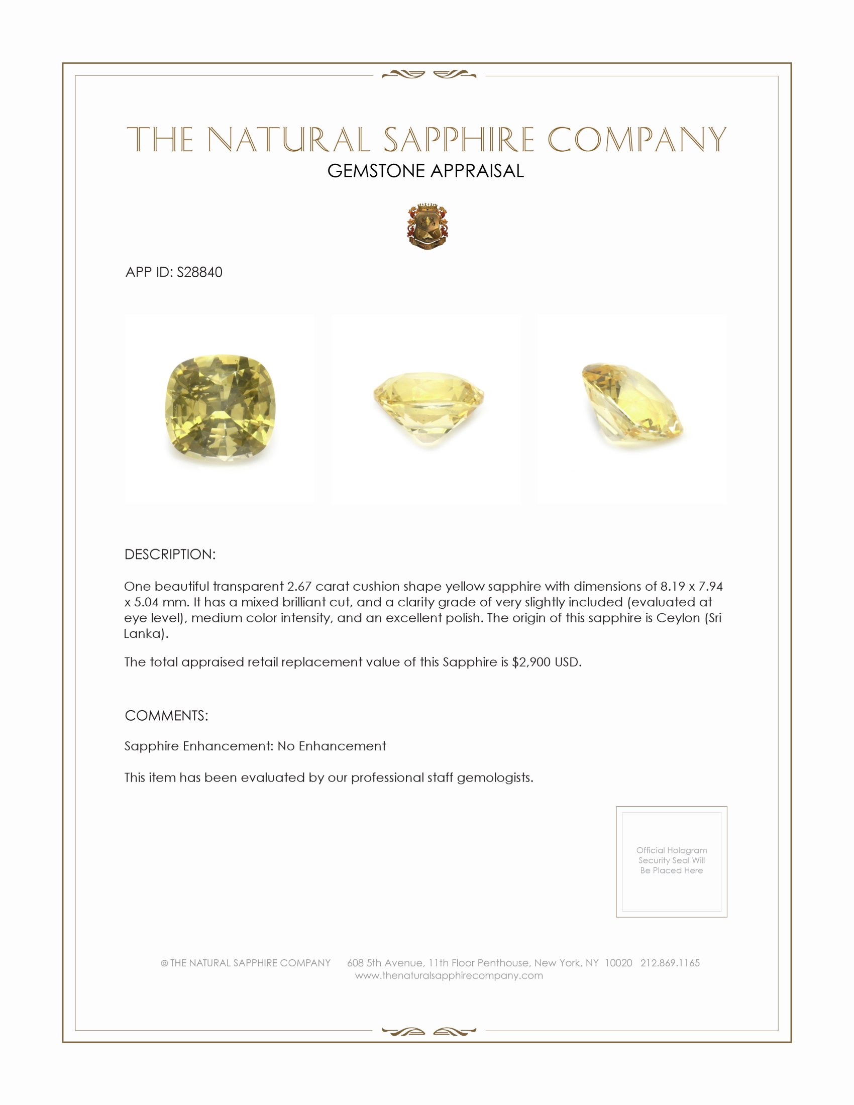 2.67 Ct. Yellow Sapphire from Ceylon (Sri Lanka)