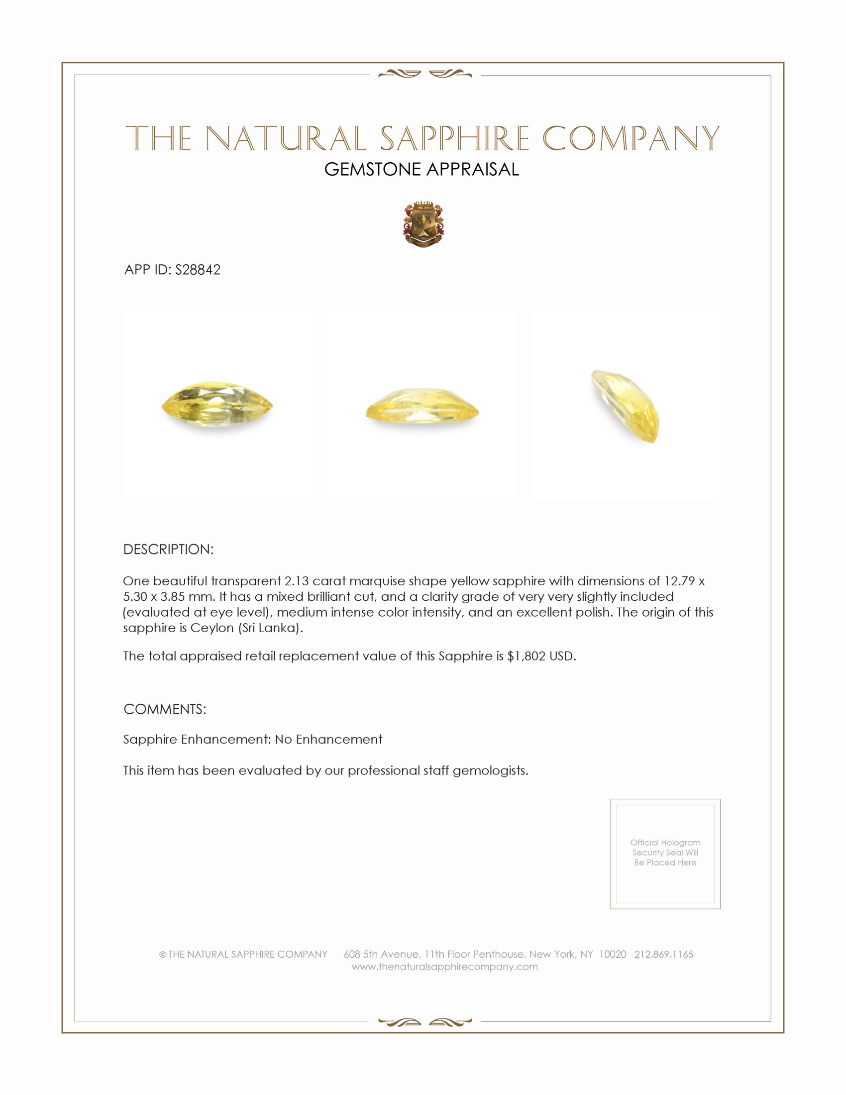 2.13 Ct. Yellow Sapphire from Ceylon (Sri Lanka)