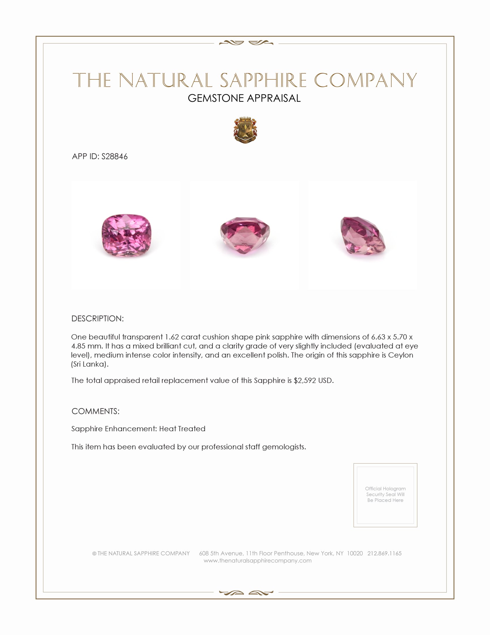 1.62 Ct. Pink Sapphire from Ceylon (Sri Lanka)