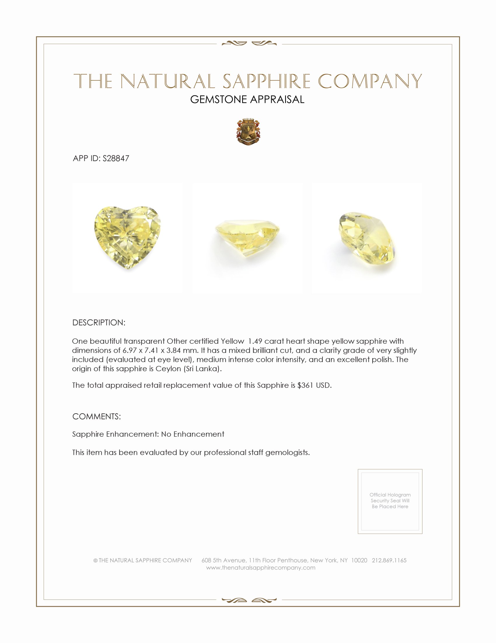 1.49 Ct. Yellow Sapphire from Ceylon (Sri Lanka)