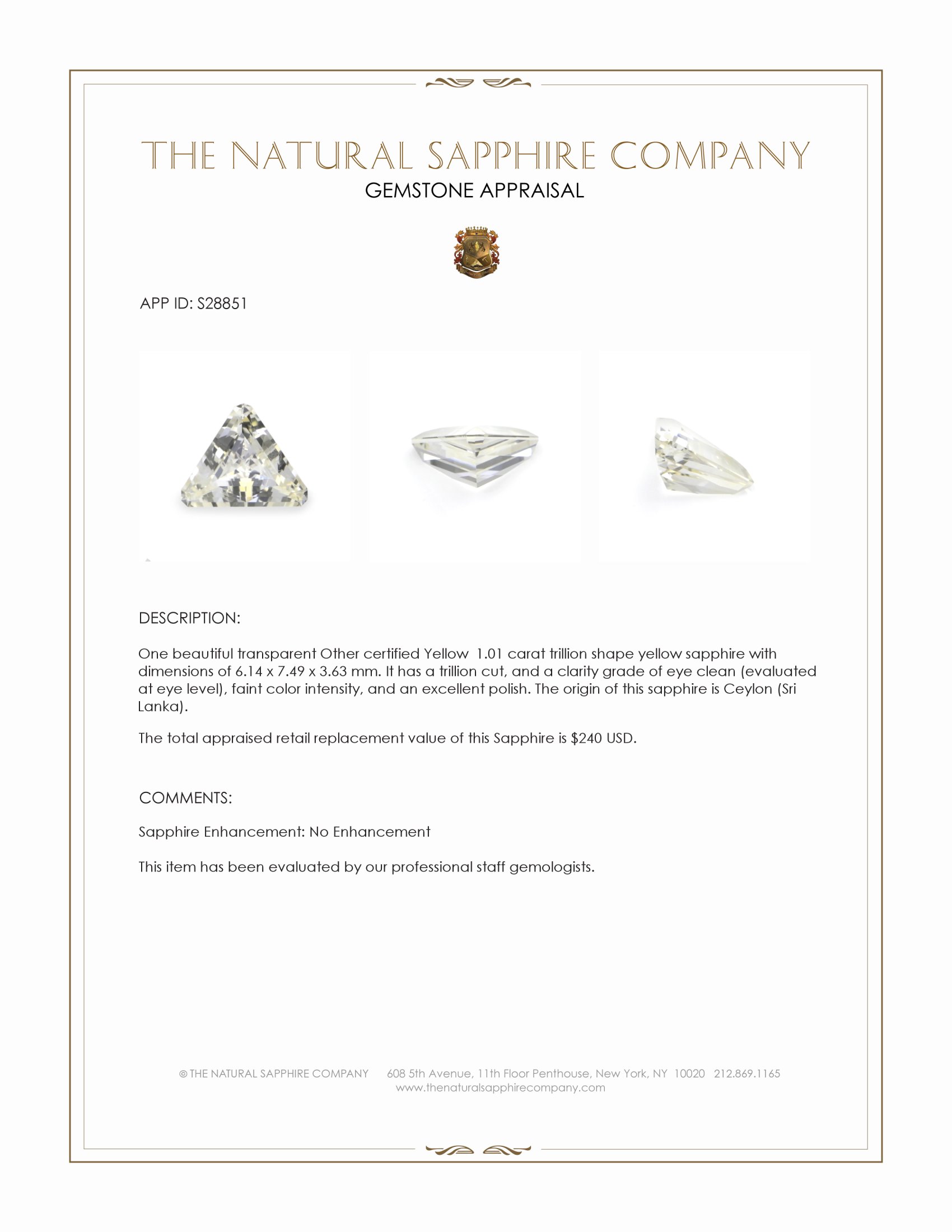 1.01 Ct. Yellow Sapphire from Ceylon (Sri Lanka)