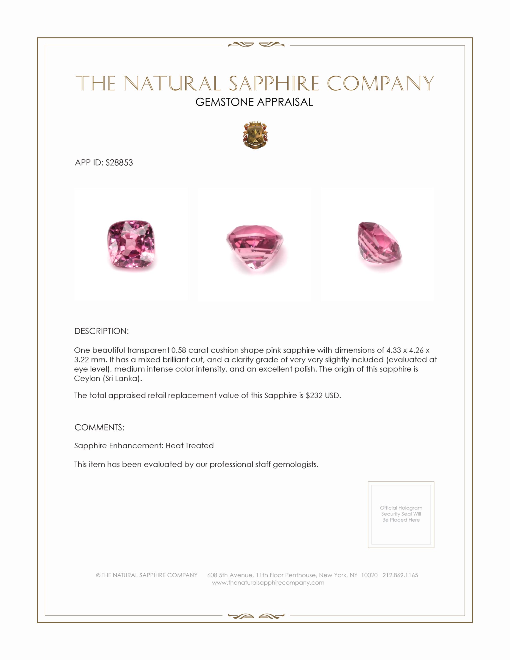 0.58 Ct. Pink Sapphire from Ceylon (Sri Lanka)