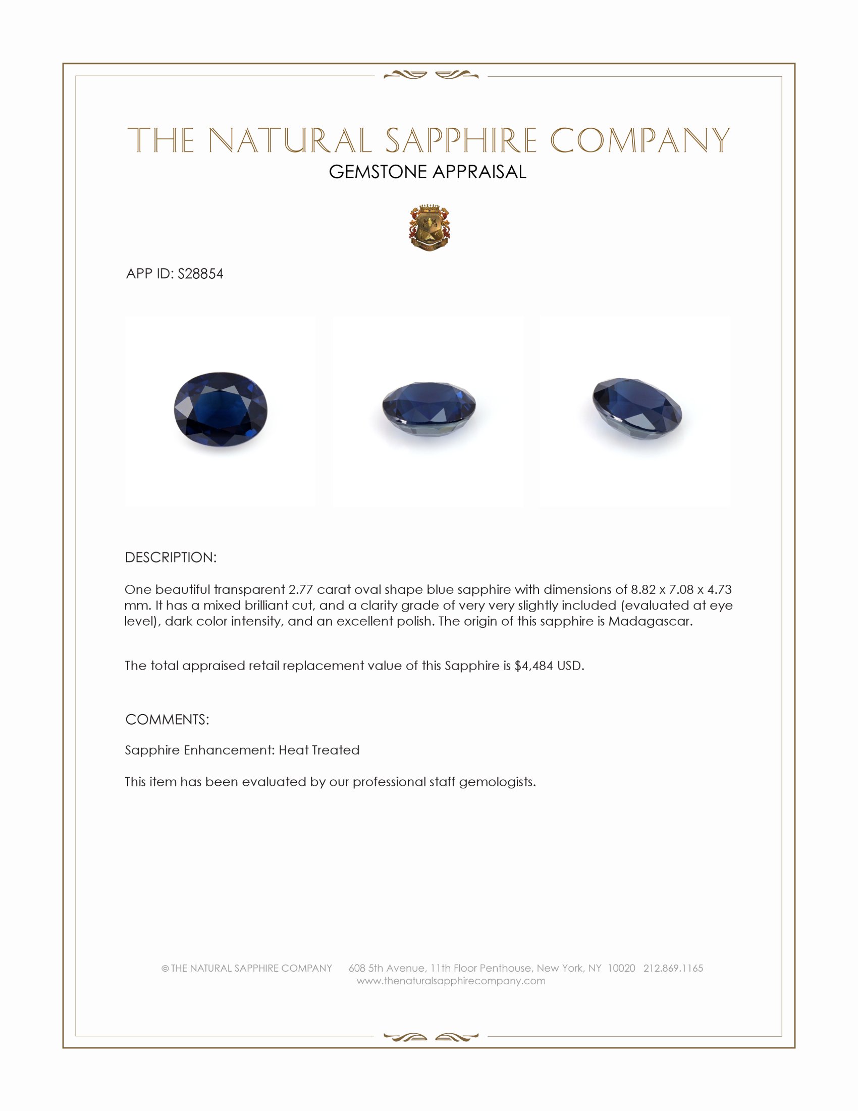 2.77 Ct. Blue Sapphire from Madagascar