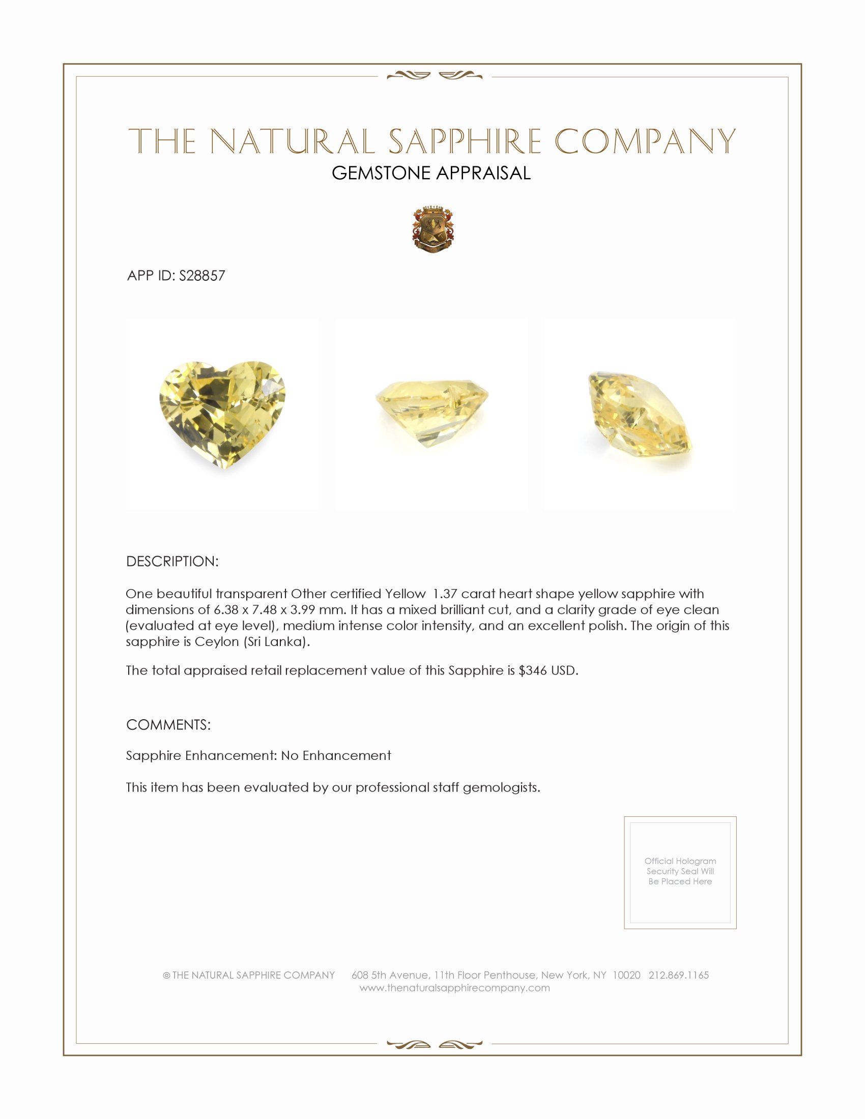 1.37 Ct. Yellow Sapphire from Ceylon (Sri Lanka)
