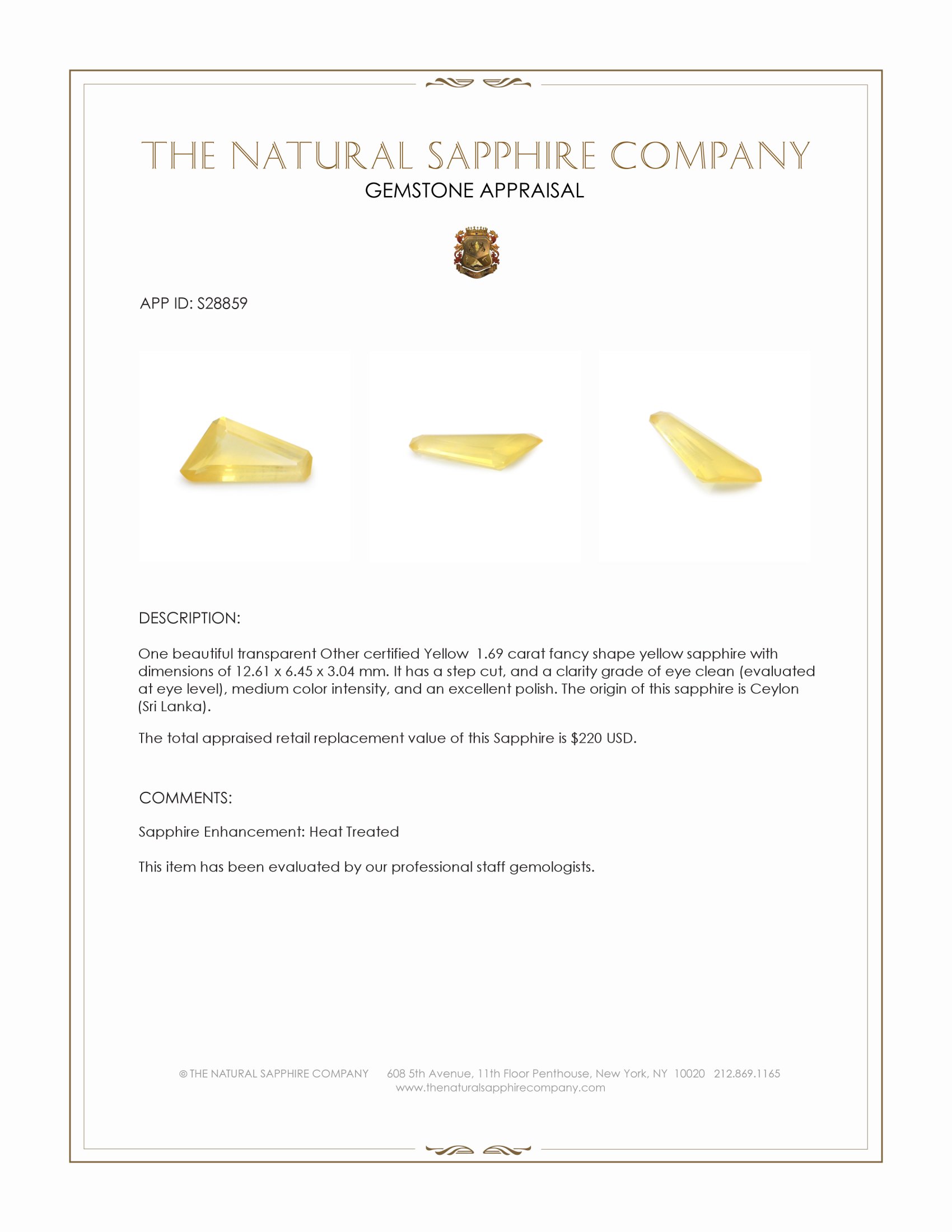 1.69 Ct. Yellow Sapphire from Ceylon (Sri Lanka)
