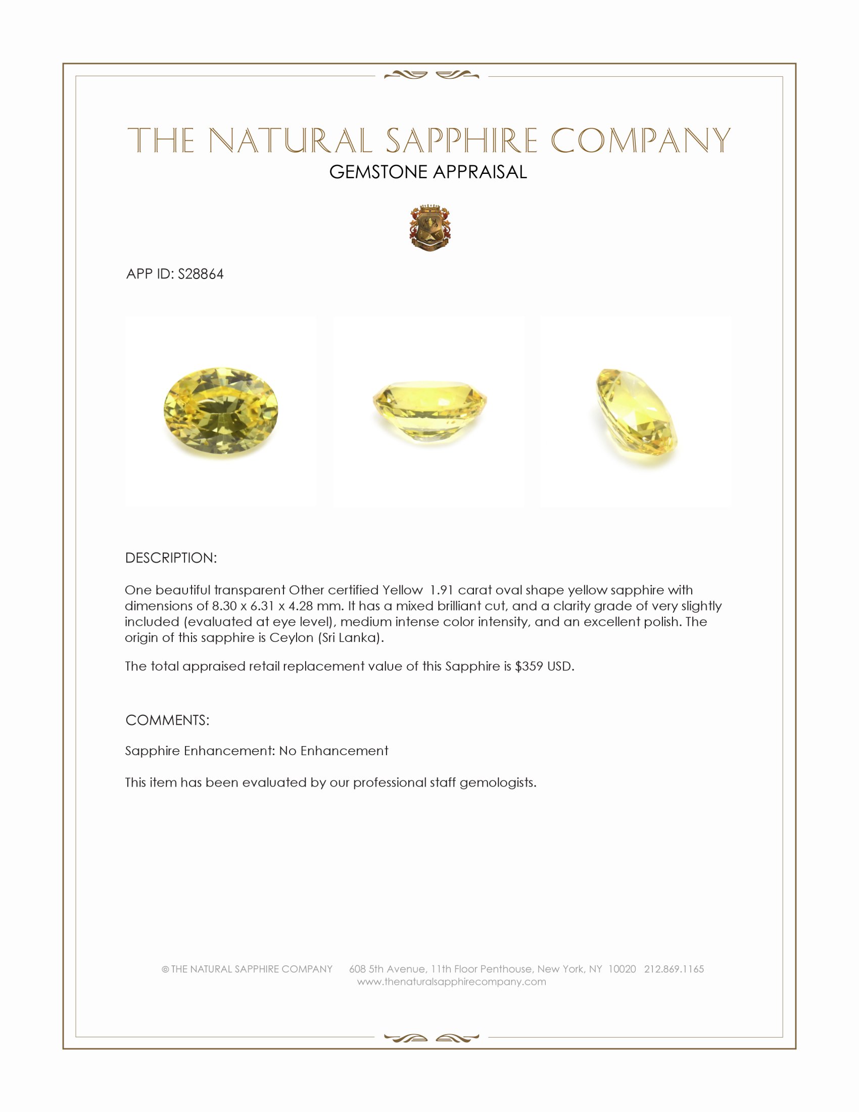 1.91 Ct. Yellow Sapphire from Ceylon (Sri Lanka)
