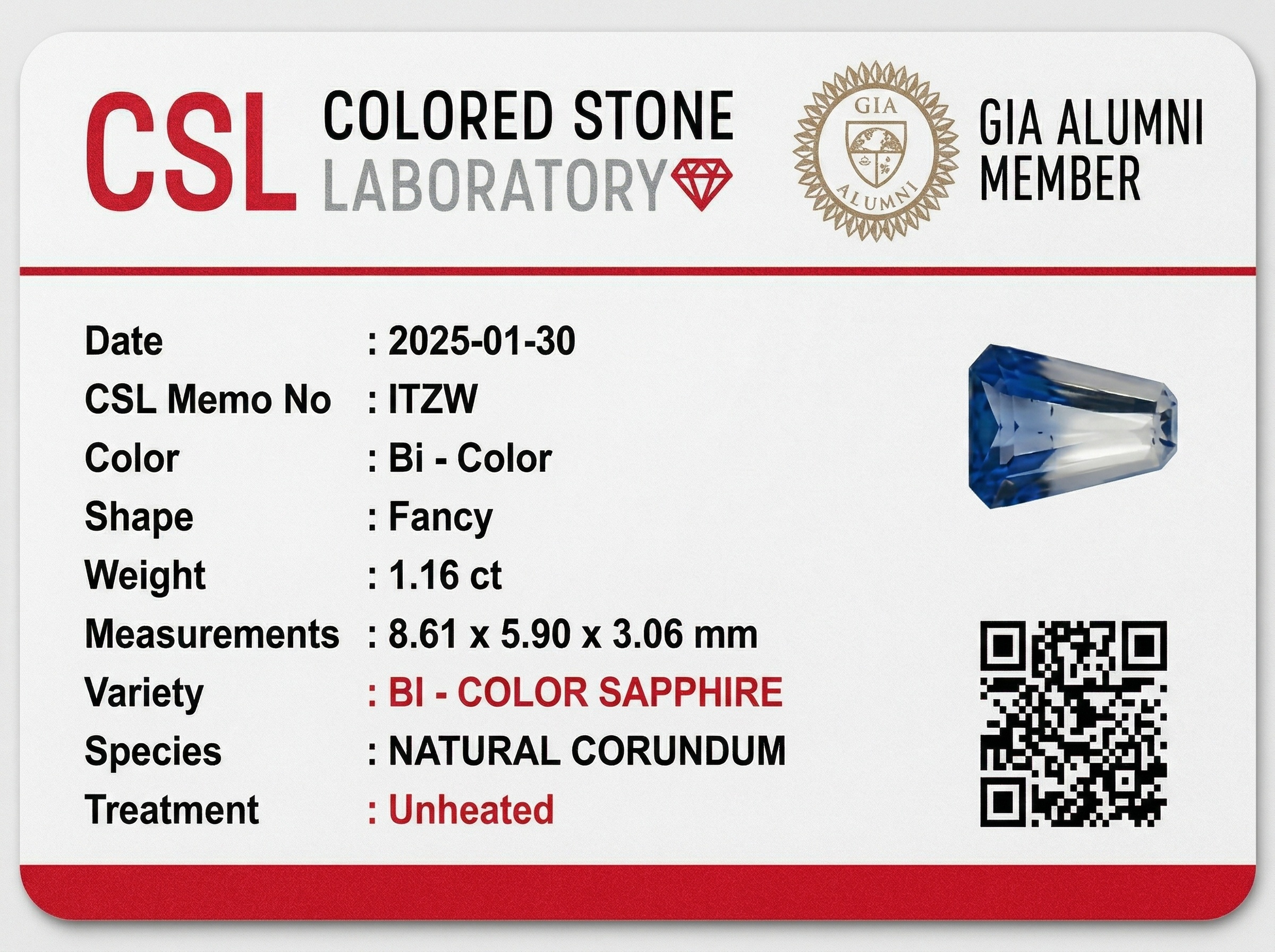 1.16 Ct. Bi Color Sapphire from Ceylon (Sri Lanka)