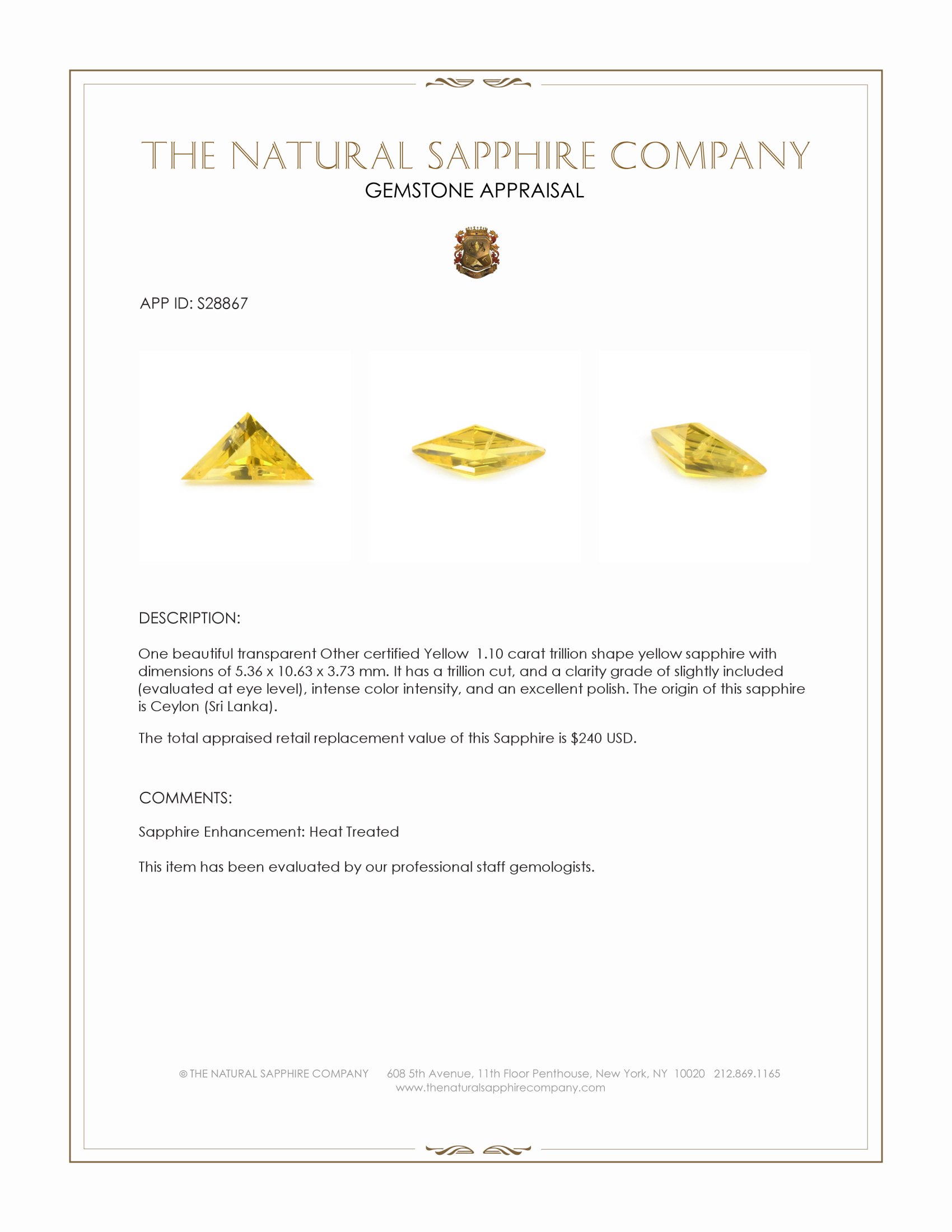 1.10 Ct. Yellow Sapphire from Ceylon (Sri Lanka)