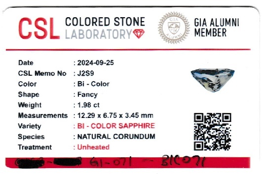 1.98 Ct. Bi Color Sapphire from Ceylon (Sri Lanka)