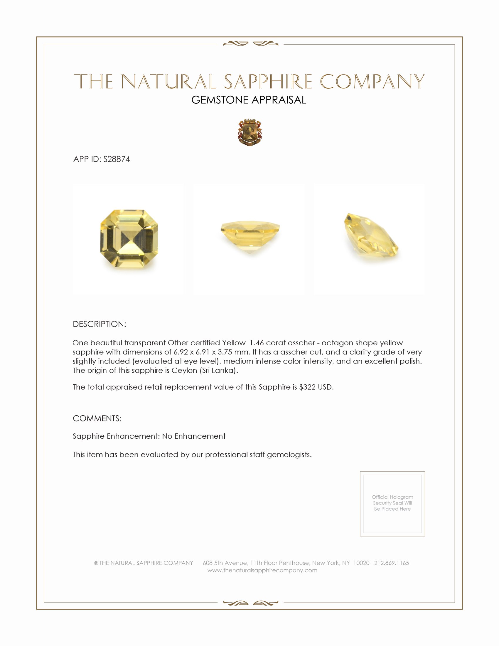 1.46 Ct. Yellow Sapphire from Ceylon (Sri Lanka)