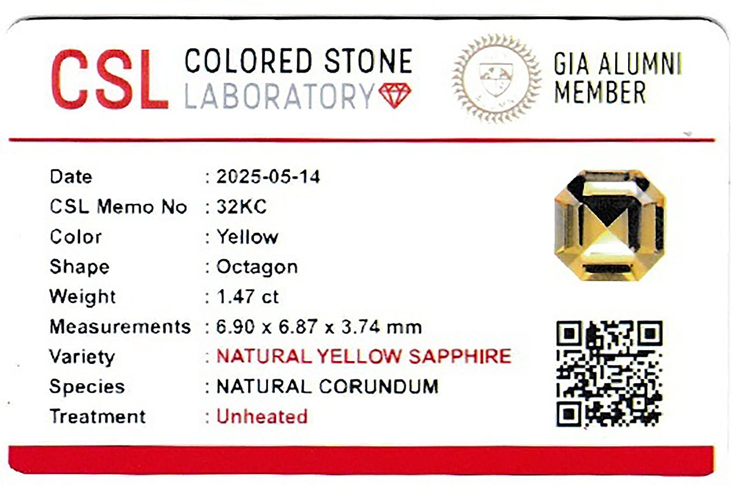 1.46 Ct. Yellow Sapphire from Ceylon (Sri Lanka)